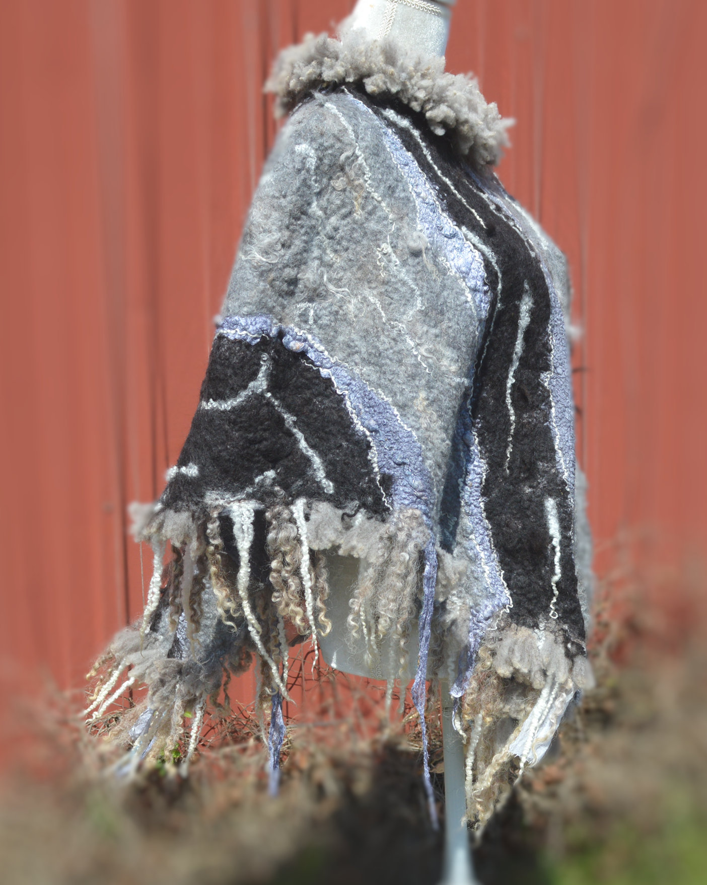 Felted Wool Poncho with Eco Fur  OOAK