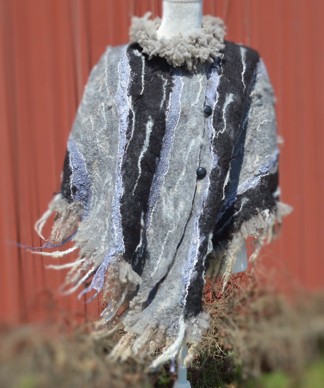 Felted Wool Poncho with Eco Fur  OOAK