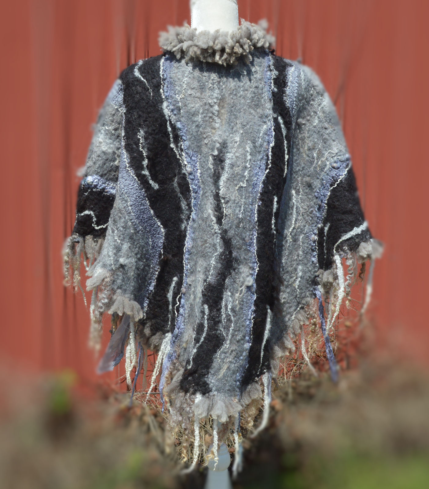 Felted Wool Poncho with Eco Fur  OOAK