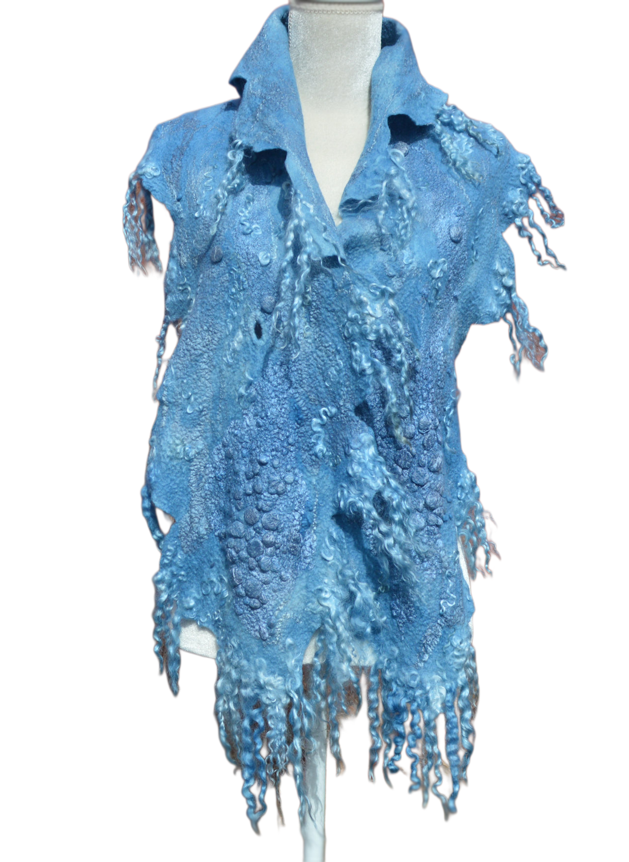 Blue Felted Scarf Collar Neck Warmer Wool Felt Art Scarf with Locks OOAK