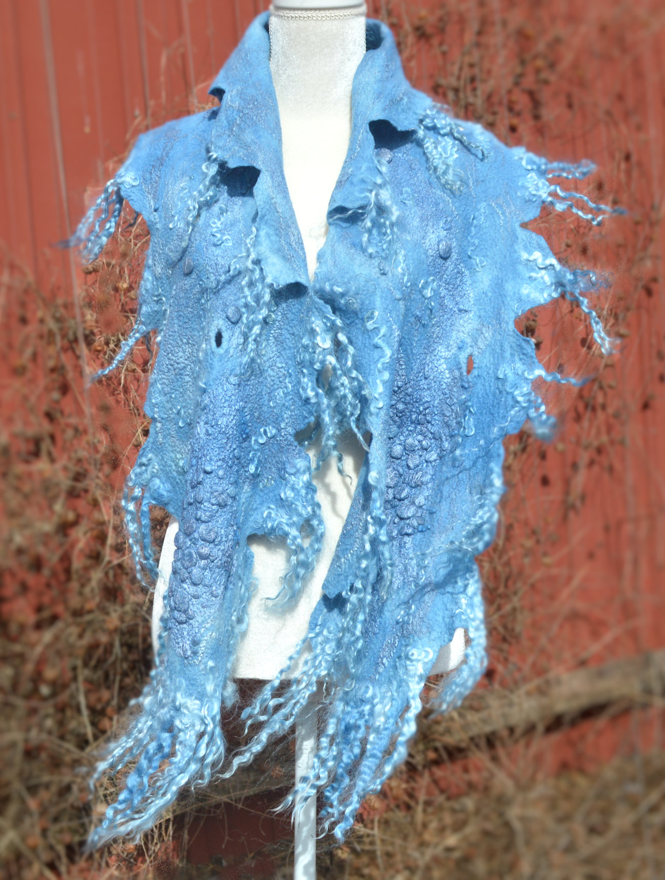 Blue Felted Scarf Collar Neck Warmer Wool Felt Art Scarf with Locks OOAK