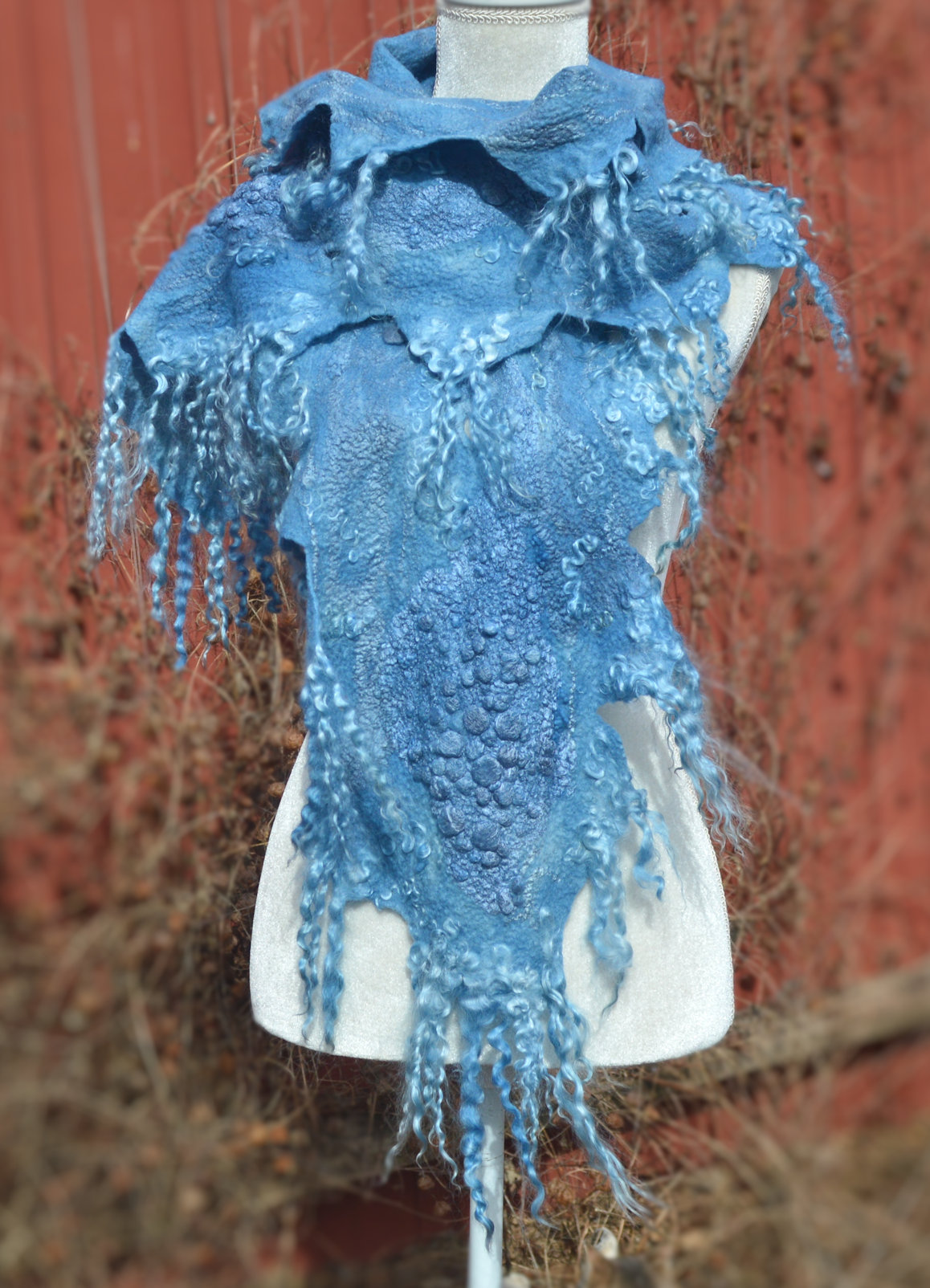 Blue Felted Scarf Collar Neck Warmer Wool Felt Art Scarf with Locks OOAK