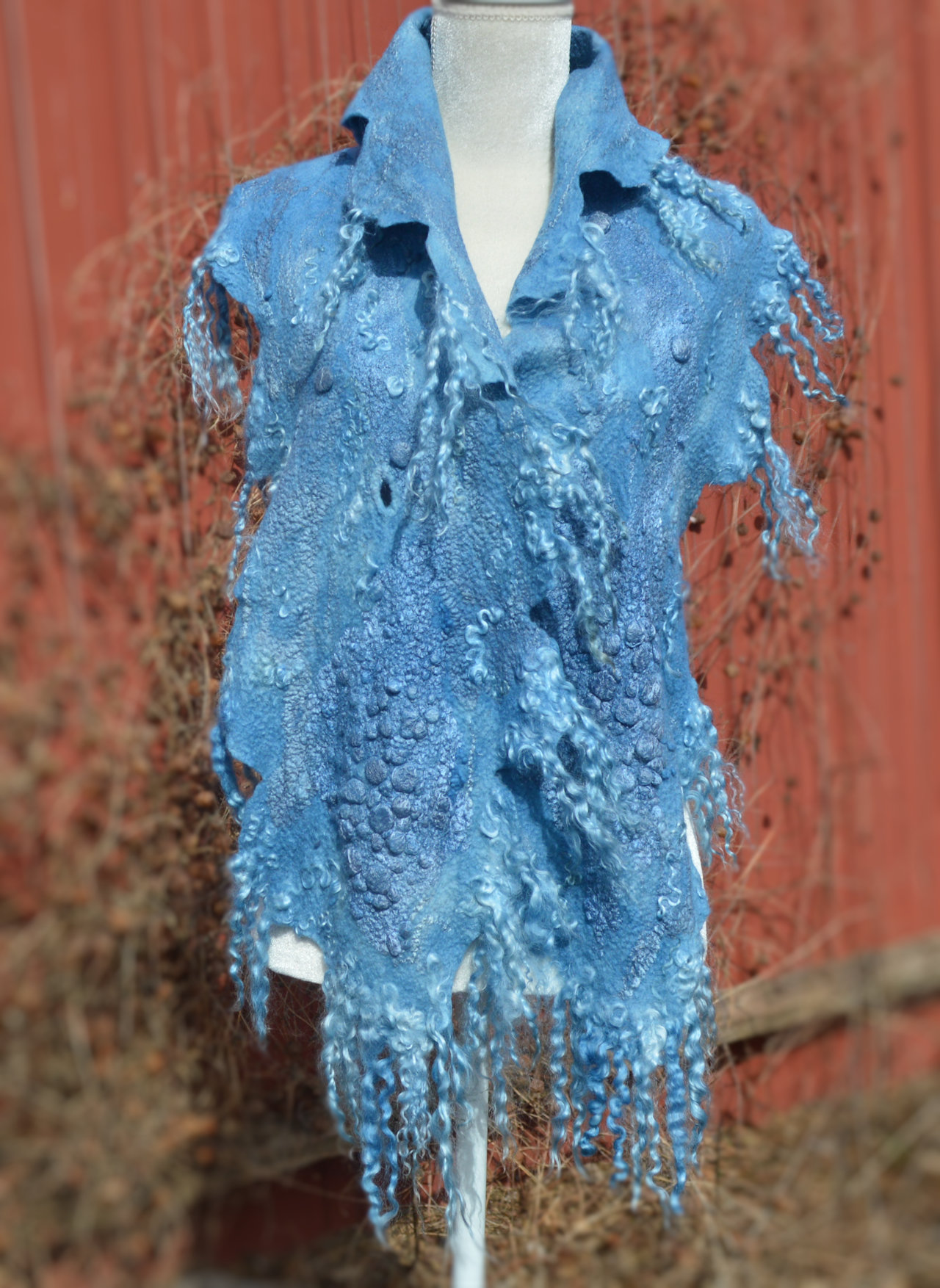Blue Felted Scarf Collar Neck Warmer Wool Felt Art Scarf with Locks OOAK