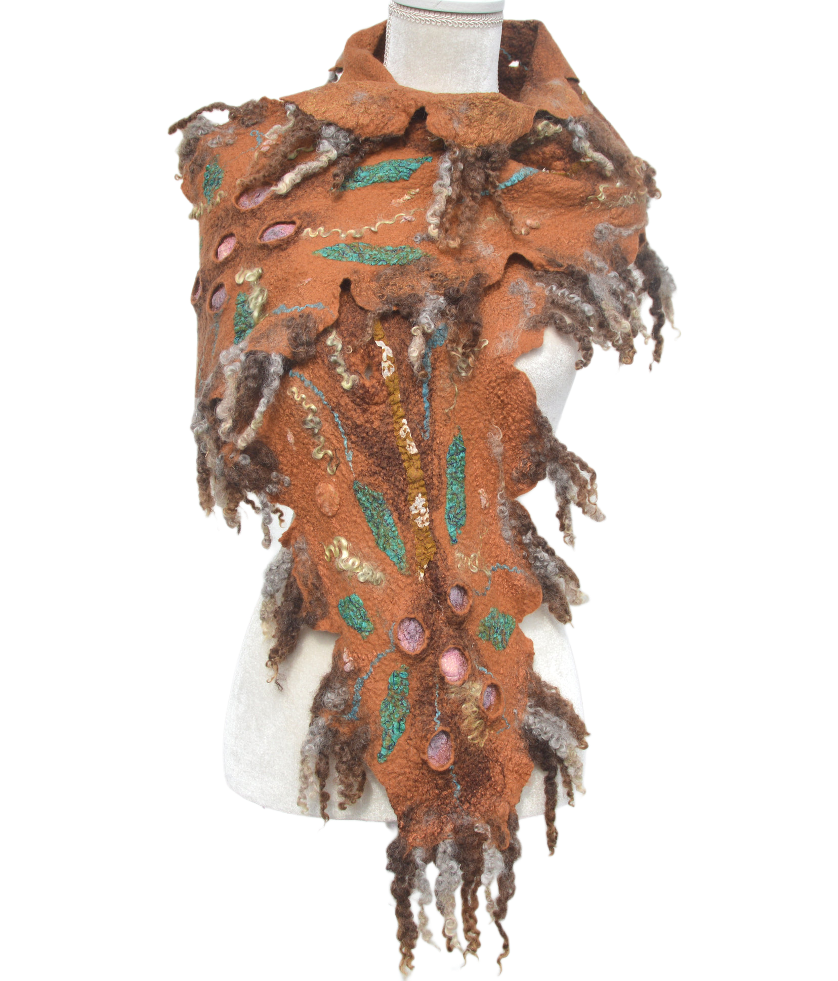 Felted Scarf Collar Neck Warmer Wool Felt Art Scarf with Locks OOAK