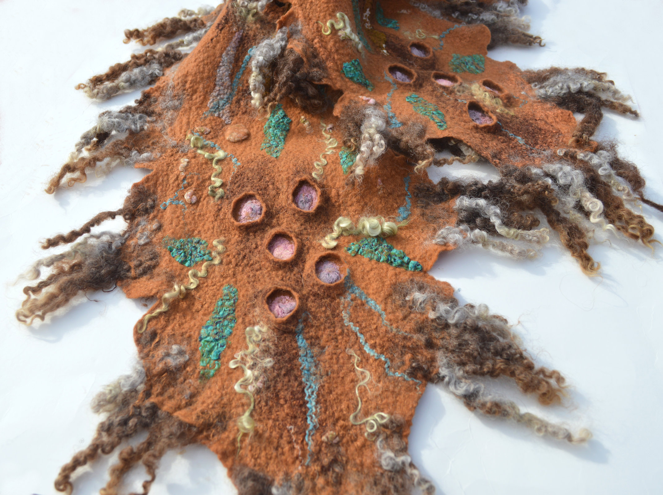 Felted Scarf Collar Neck Warmer Wool Felt Art Scarf with Locks OOAK