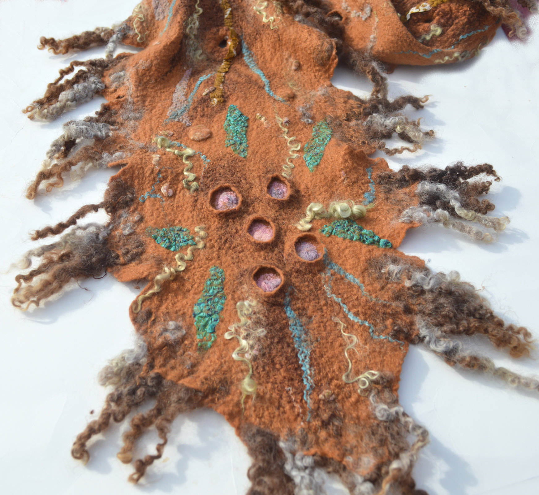 Felted Scarf Collar Neck Warmer Wool Felt Art Scarf with Locks OOAK