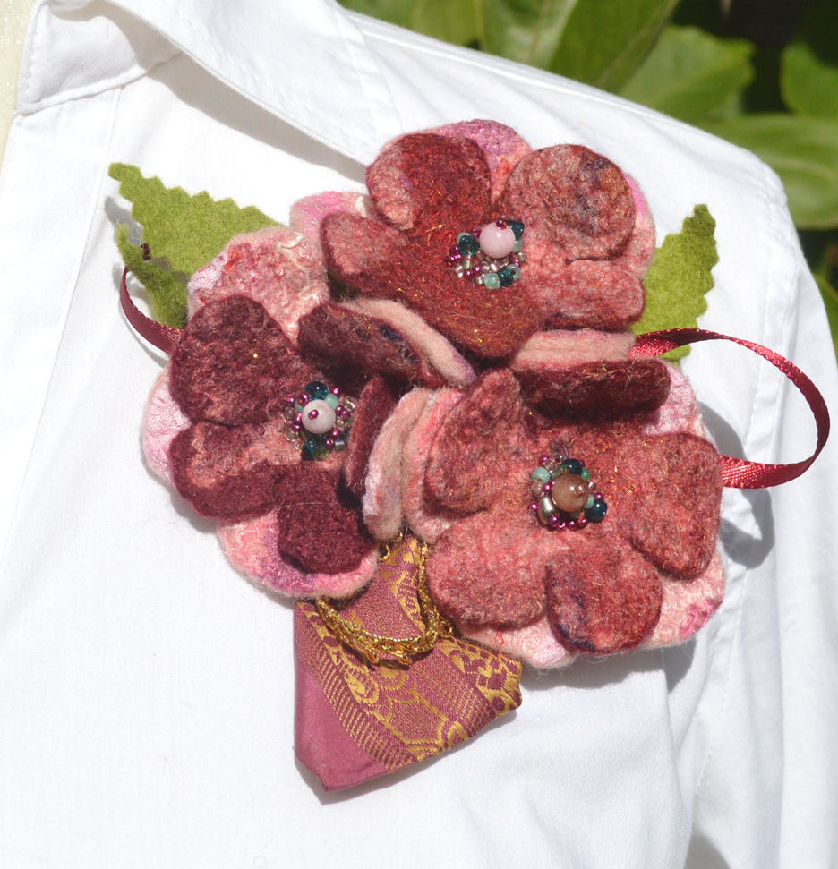 Felted flower brooch pin pink wool felted flower with beads