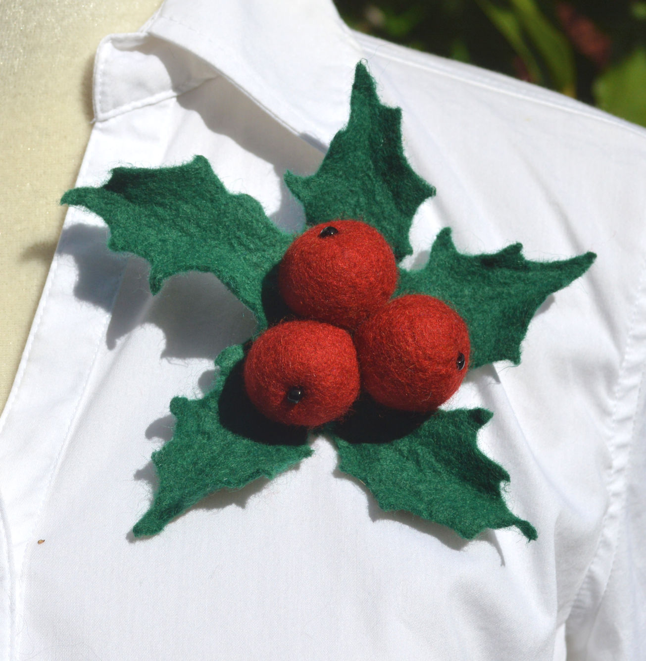 Holly berry brooch pin felted red wool berry