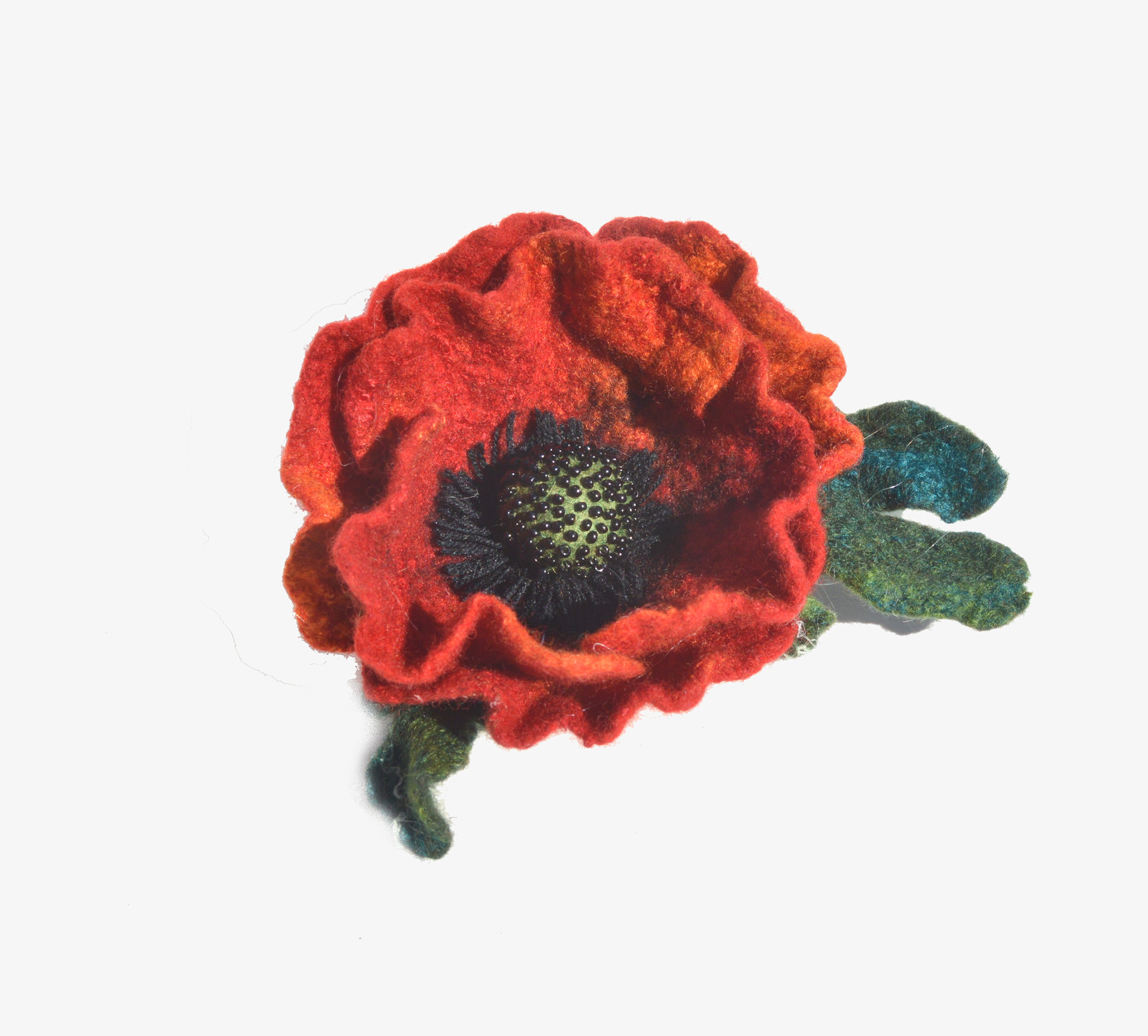 Red poppy felted flower brooch pin, wool red flower