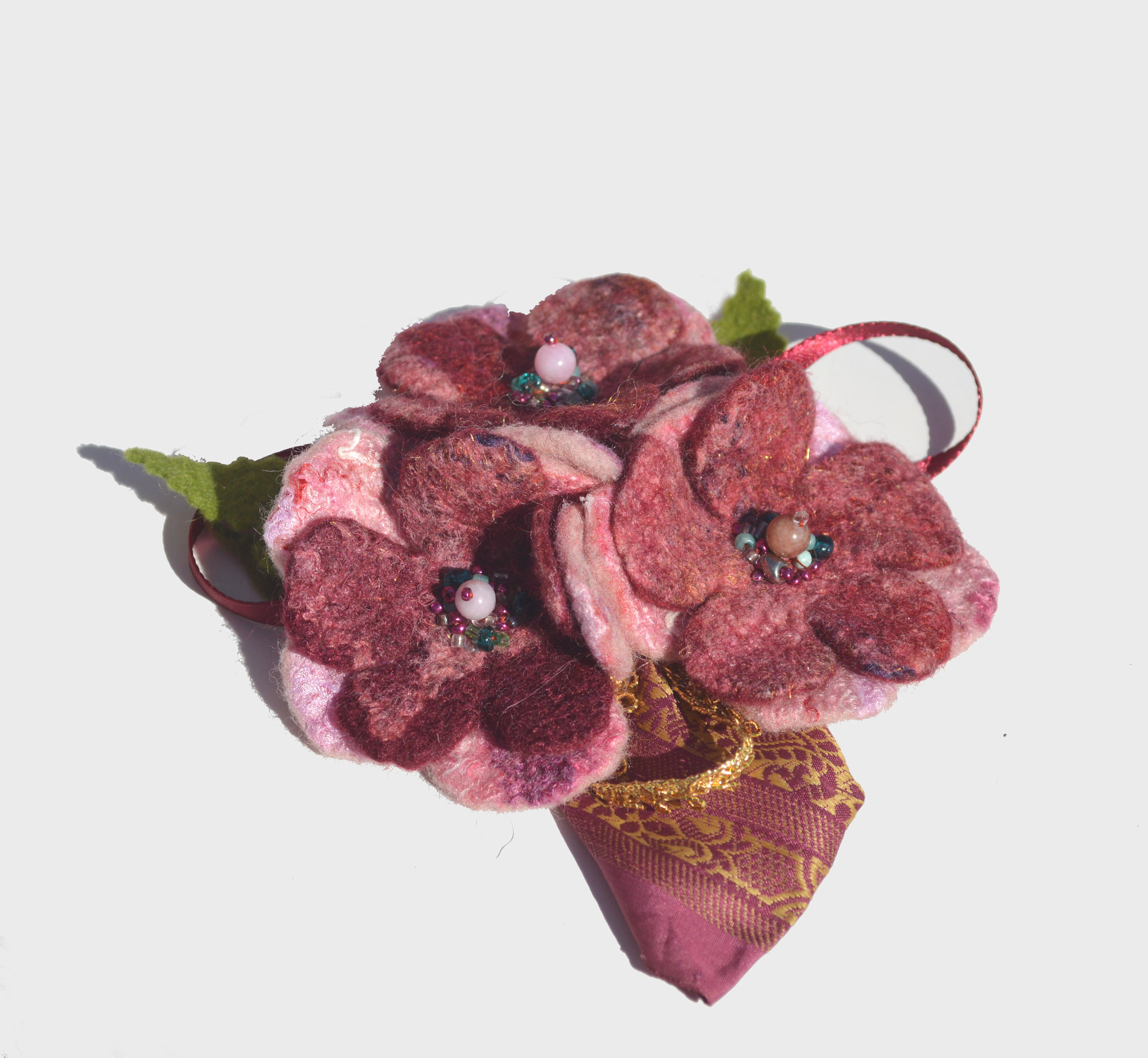 Felted flower brooch pin pink wool felted flower with beads