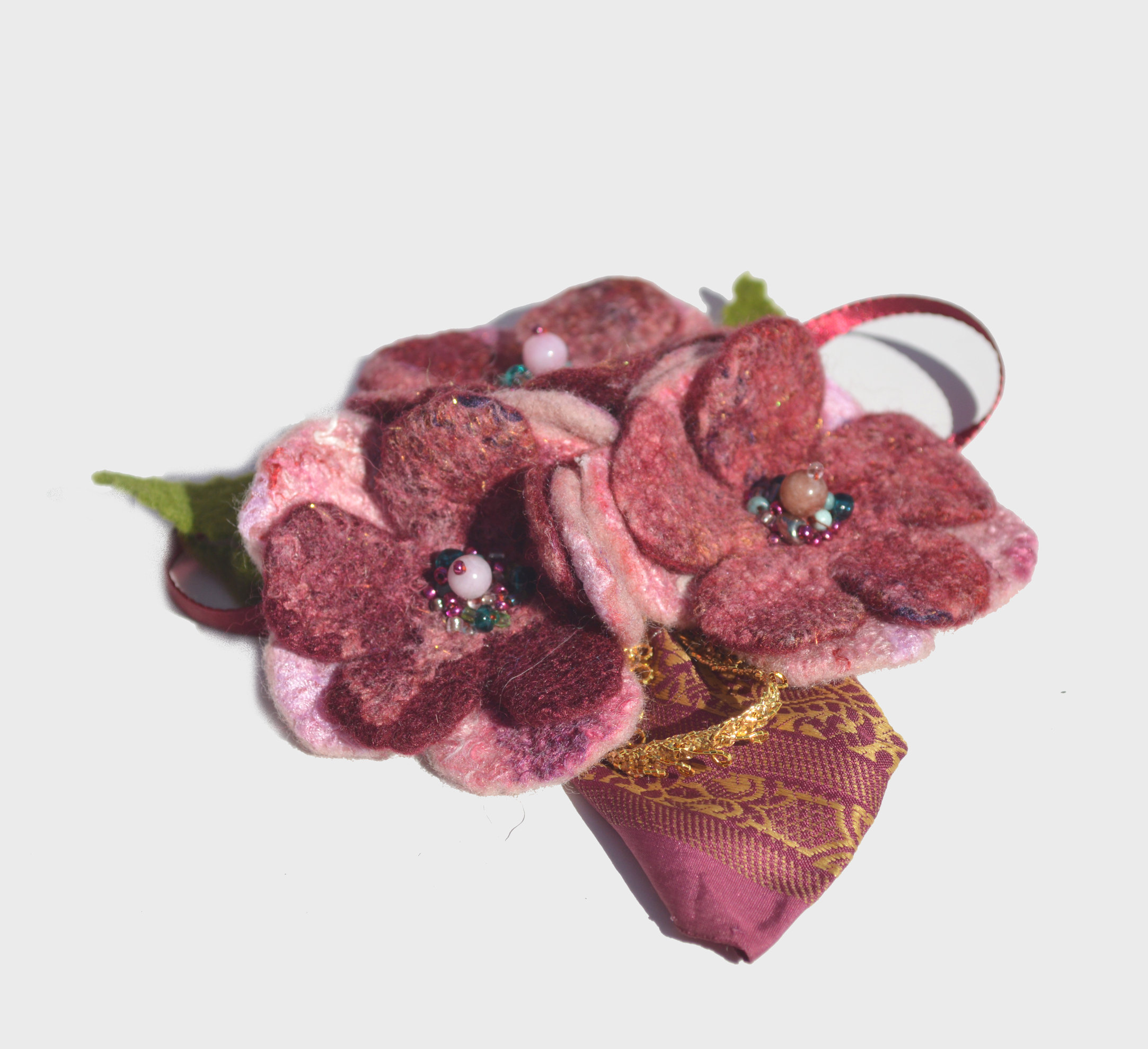 Felted flower brooch pin pink wool felted flower with beads