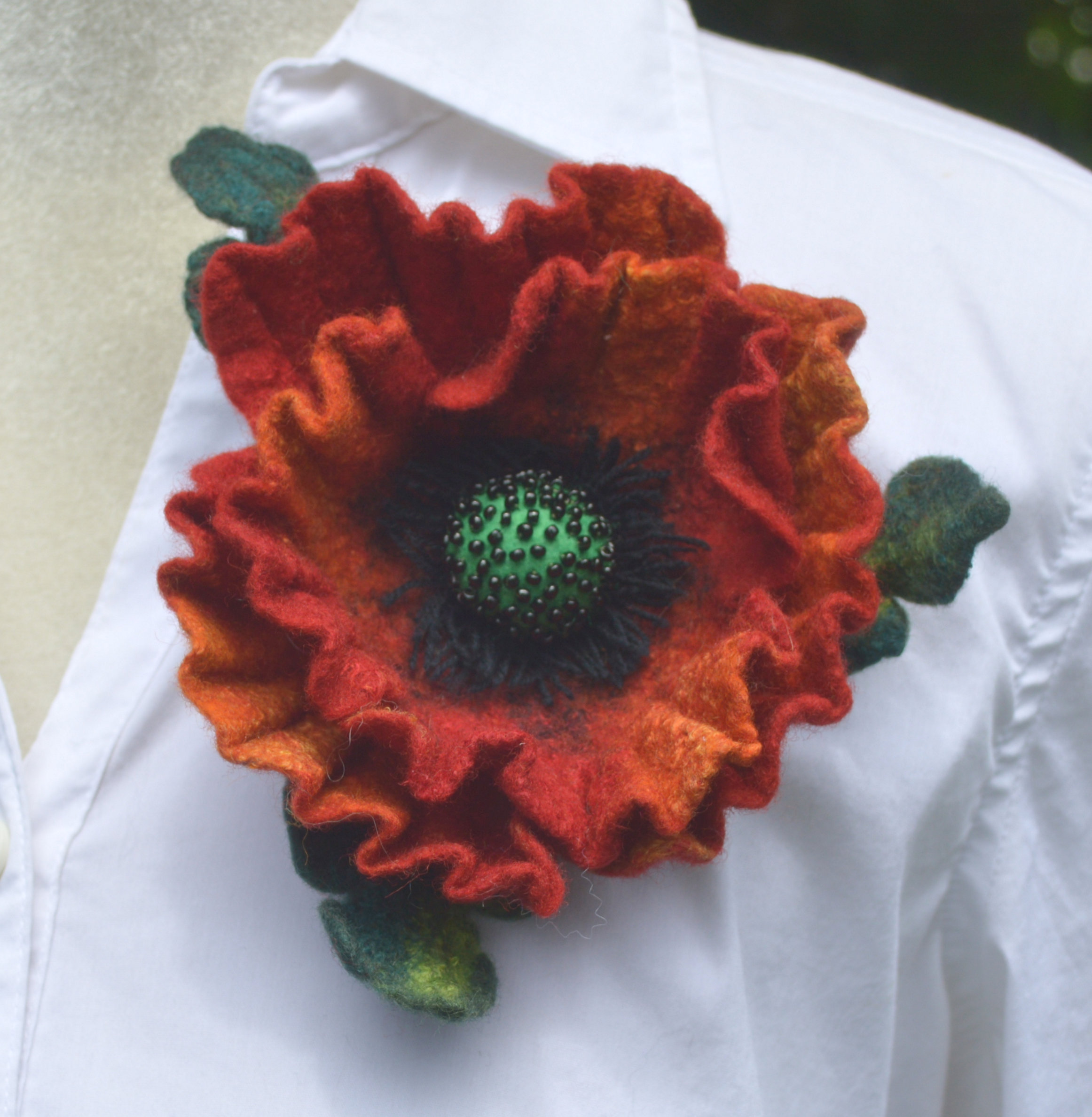 Red poppy felted flower brooch pin, wool red flower