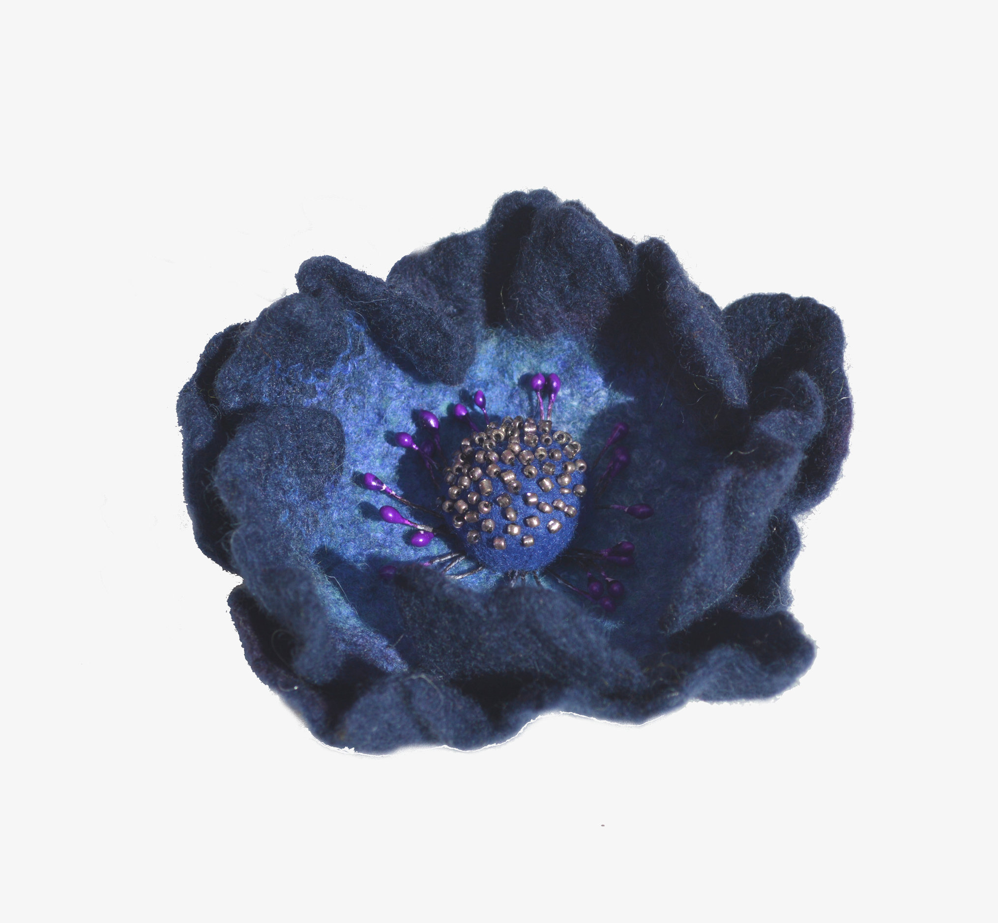 Felted blue flower brooch pin with beads.