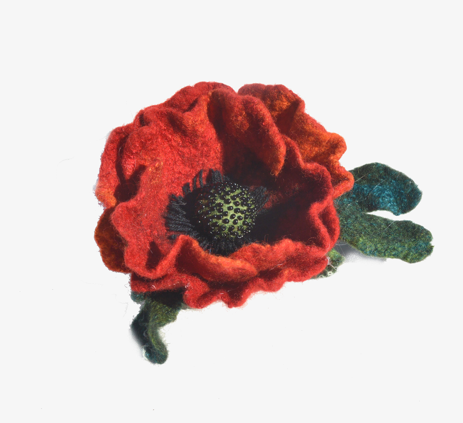 Red poppy felted flower brooch pin, wool red flower