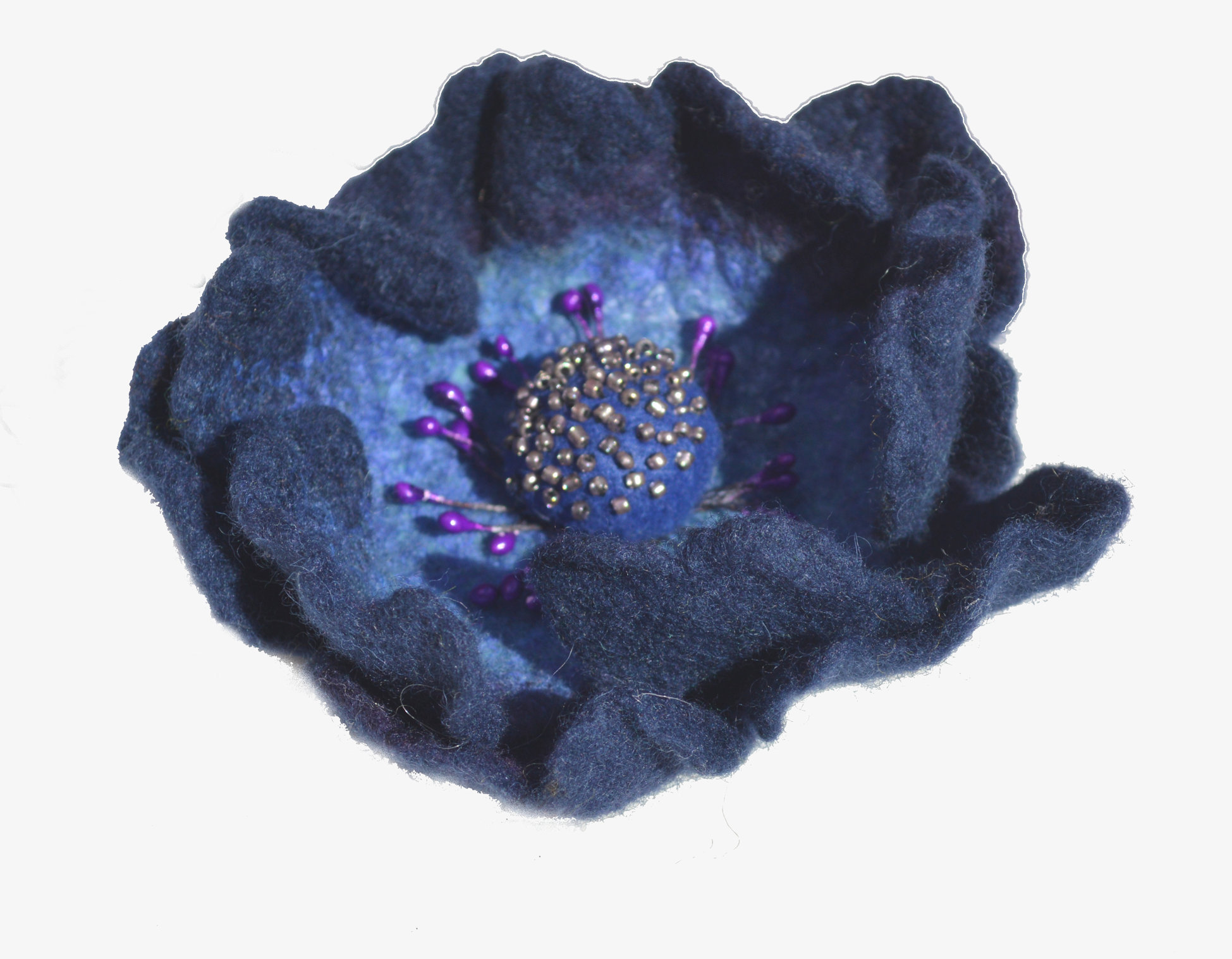 Felted blue flower brooch pin with beads.