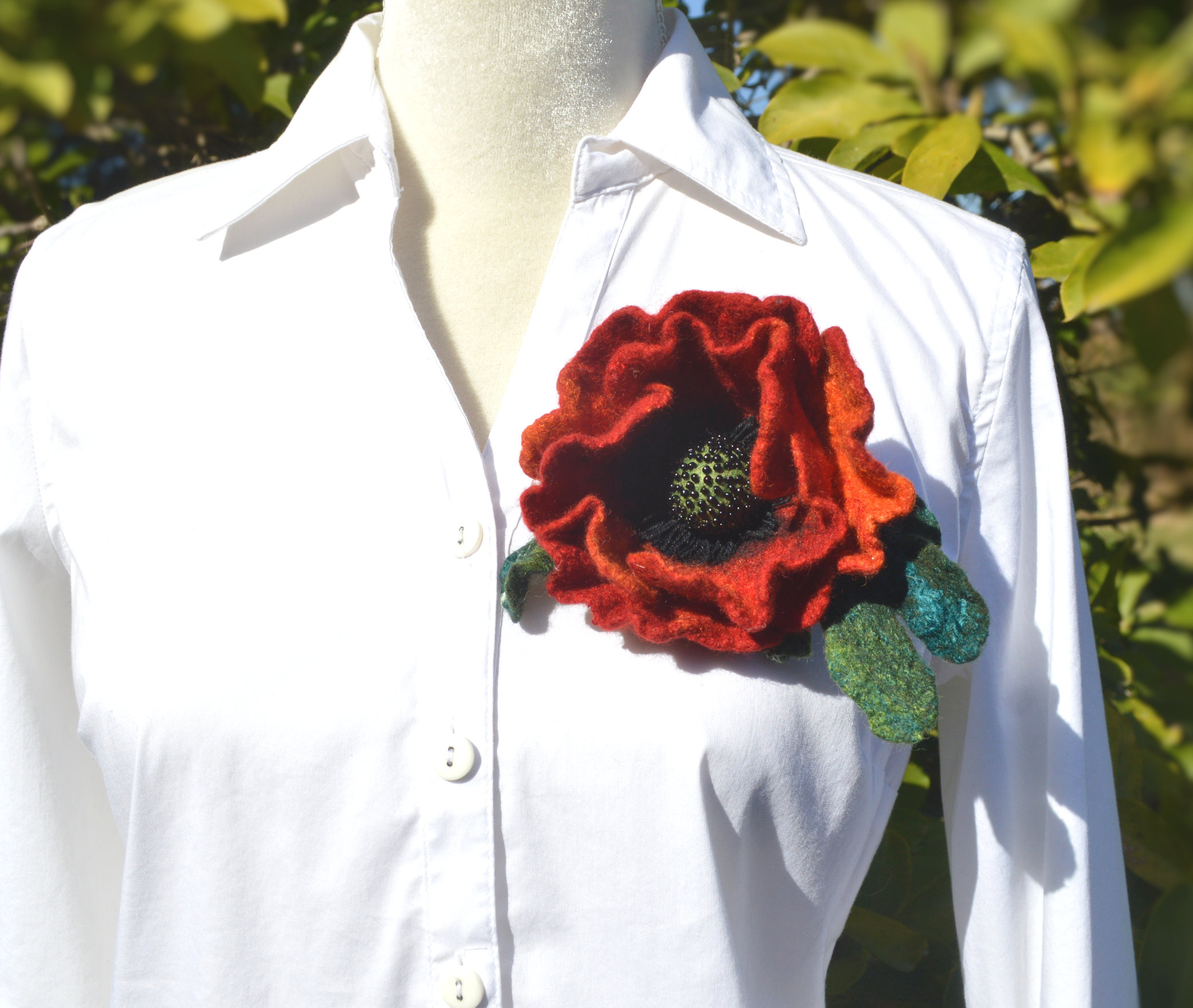Red poppy felted flower brooch pin, wool red flower