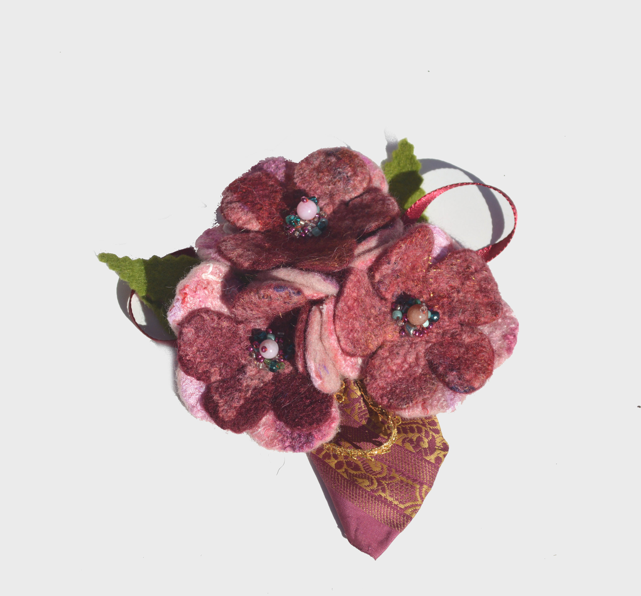 Felted flower brooch pin pink wool felted flower with beads