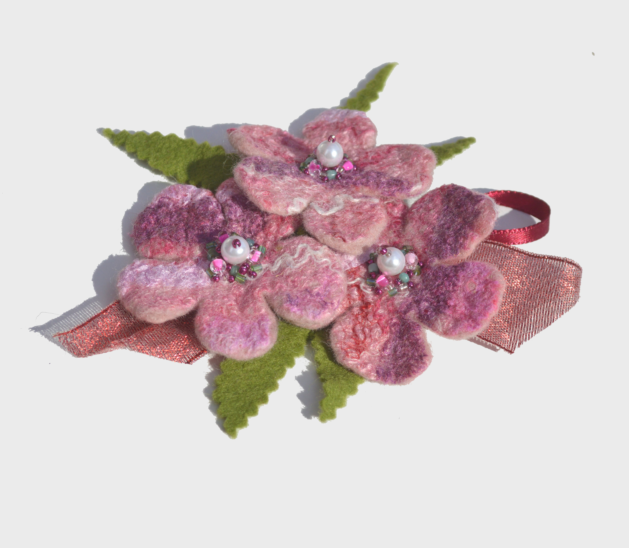 Felted pink flower brooch pin wool flower pin