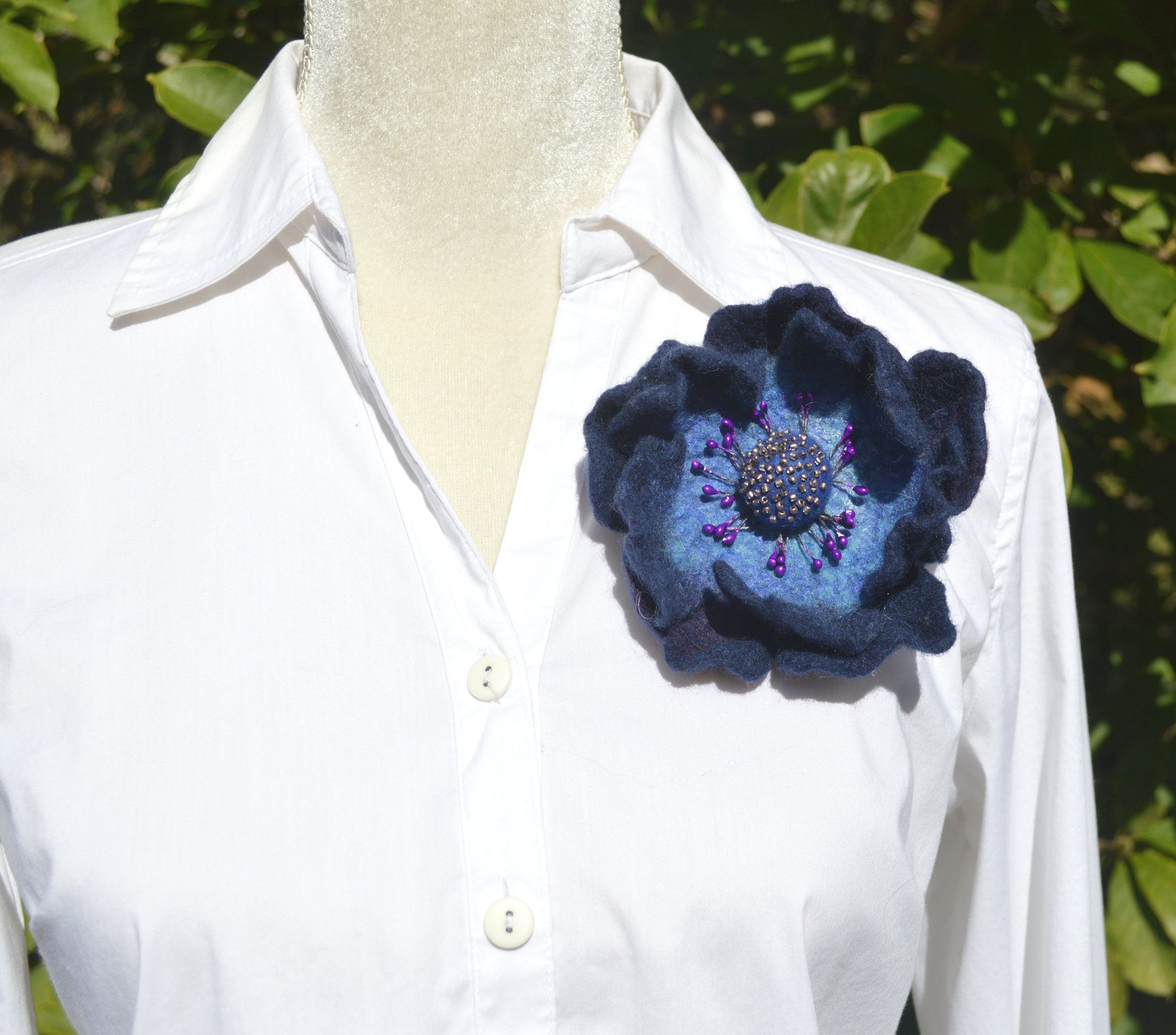 Felted blue flower brooch pin with beads.