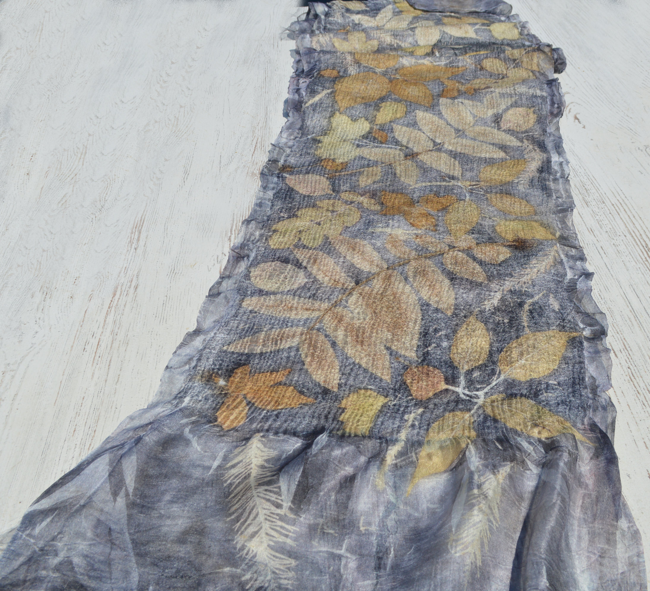 Gray Nuno Felted Scarf Wrap printed with leaves