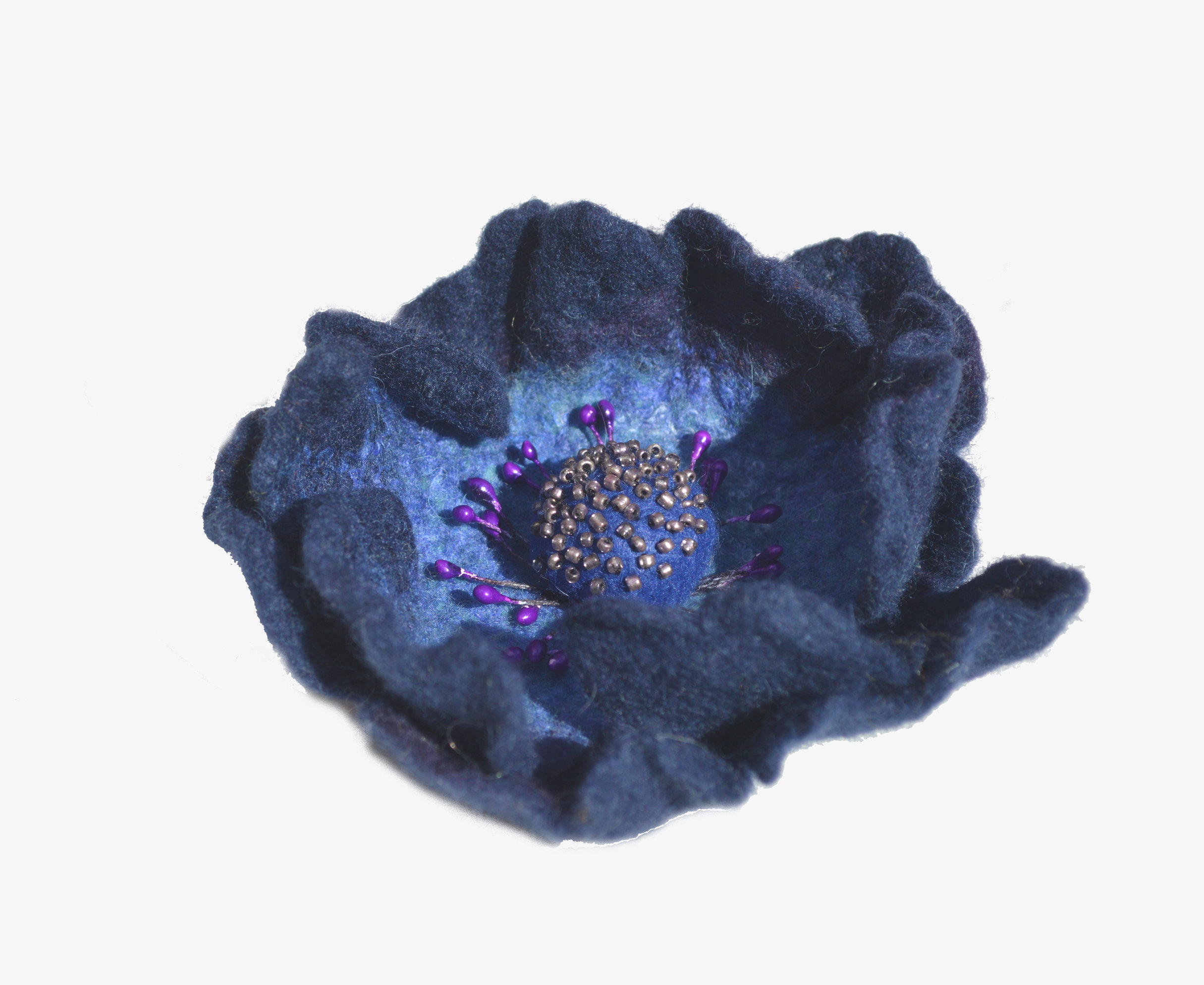 Felted blue flower brooch pin with beads.