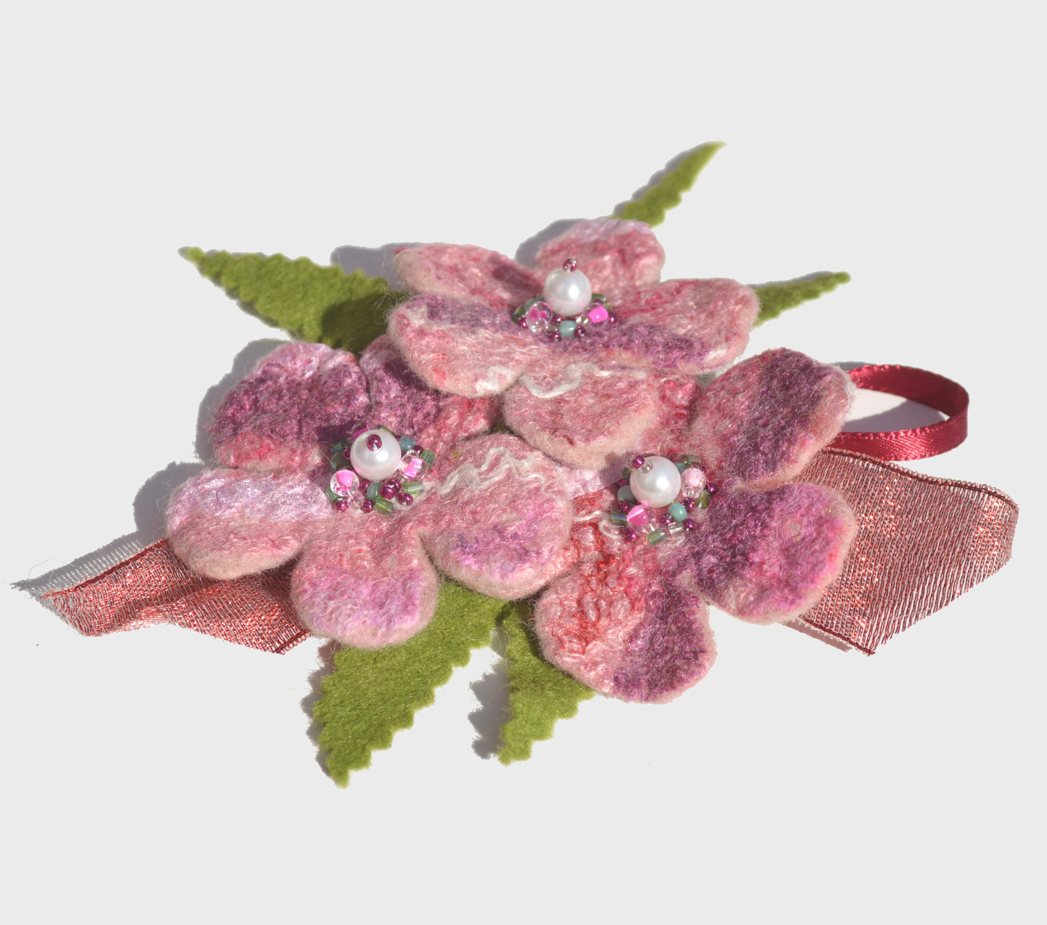Felted pink flower brooch pin wool flower pin