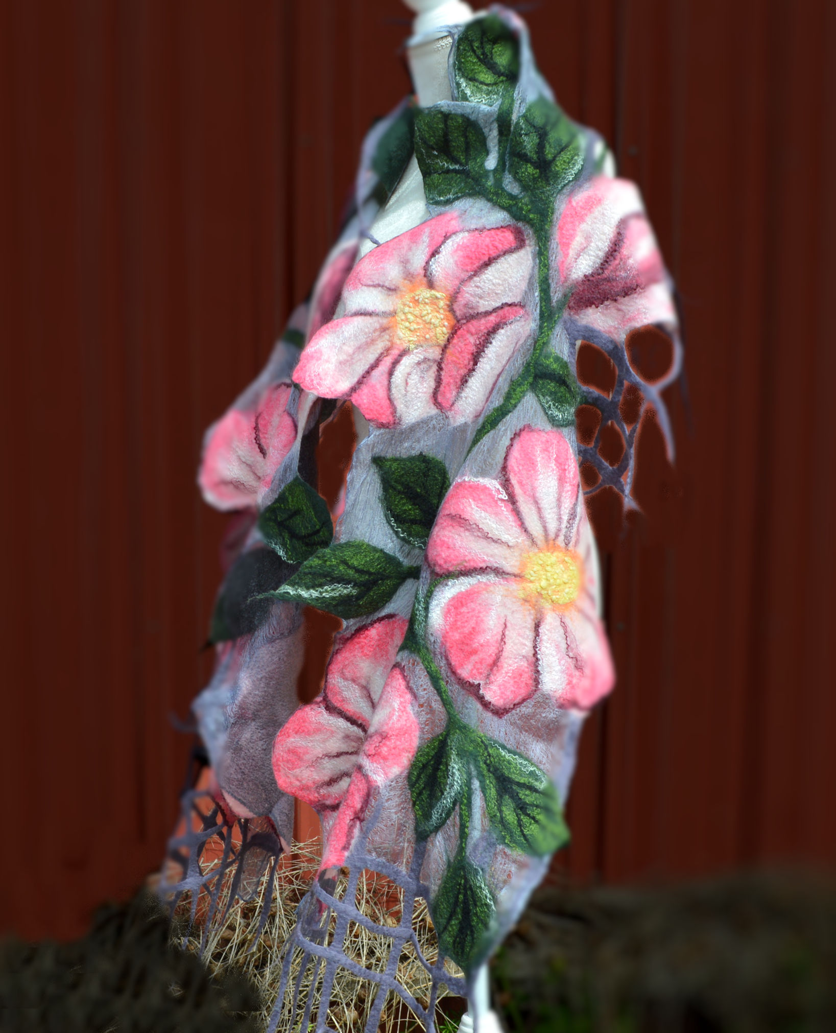 Nuno felted wrap, scarf with flowers, OOAK