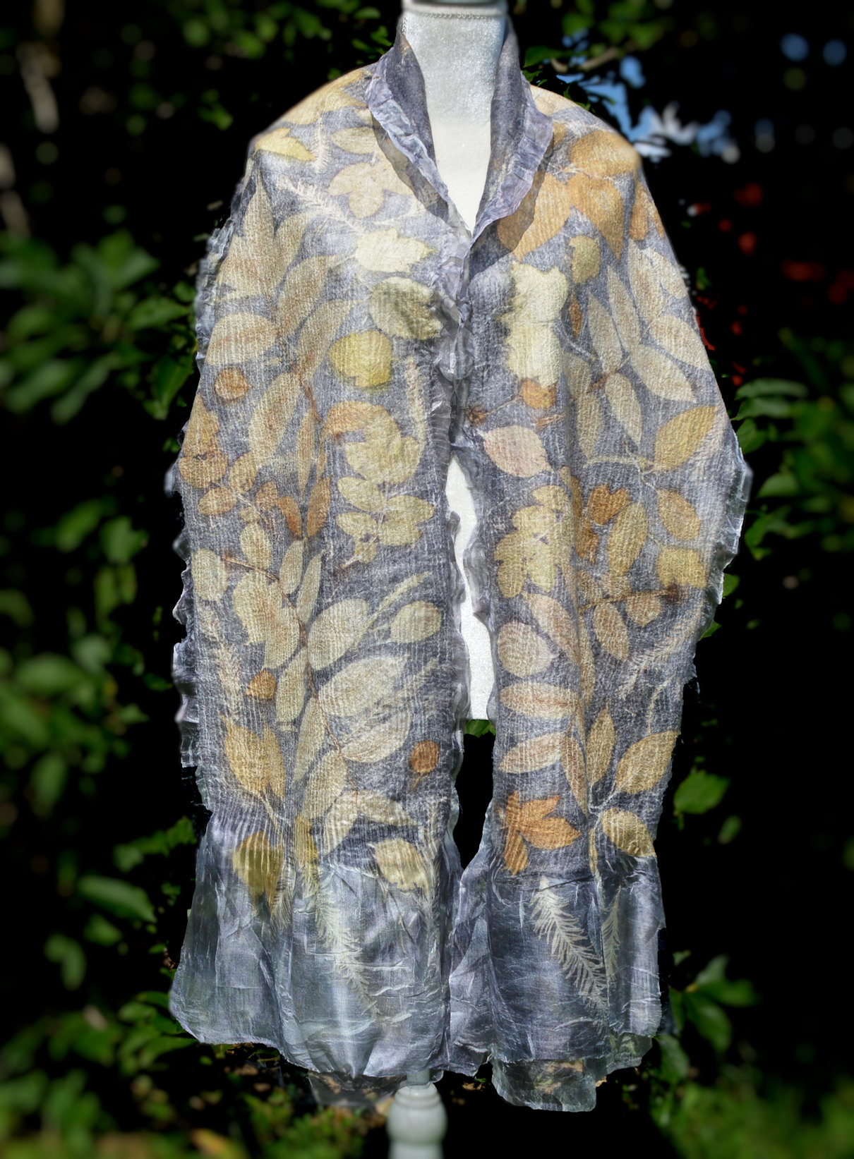 Gray Nuno Felted Scarf Wrap printed with leaves