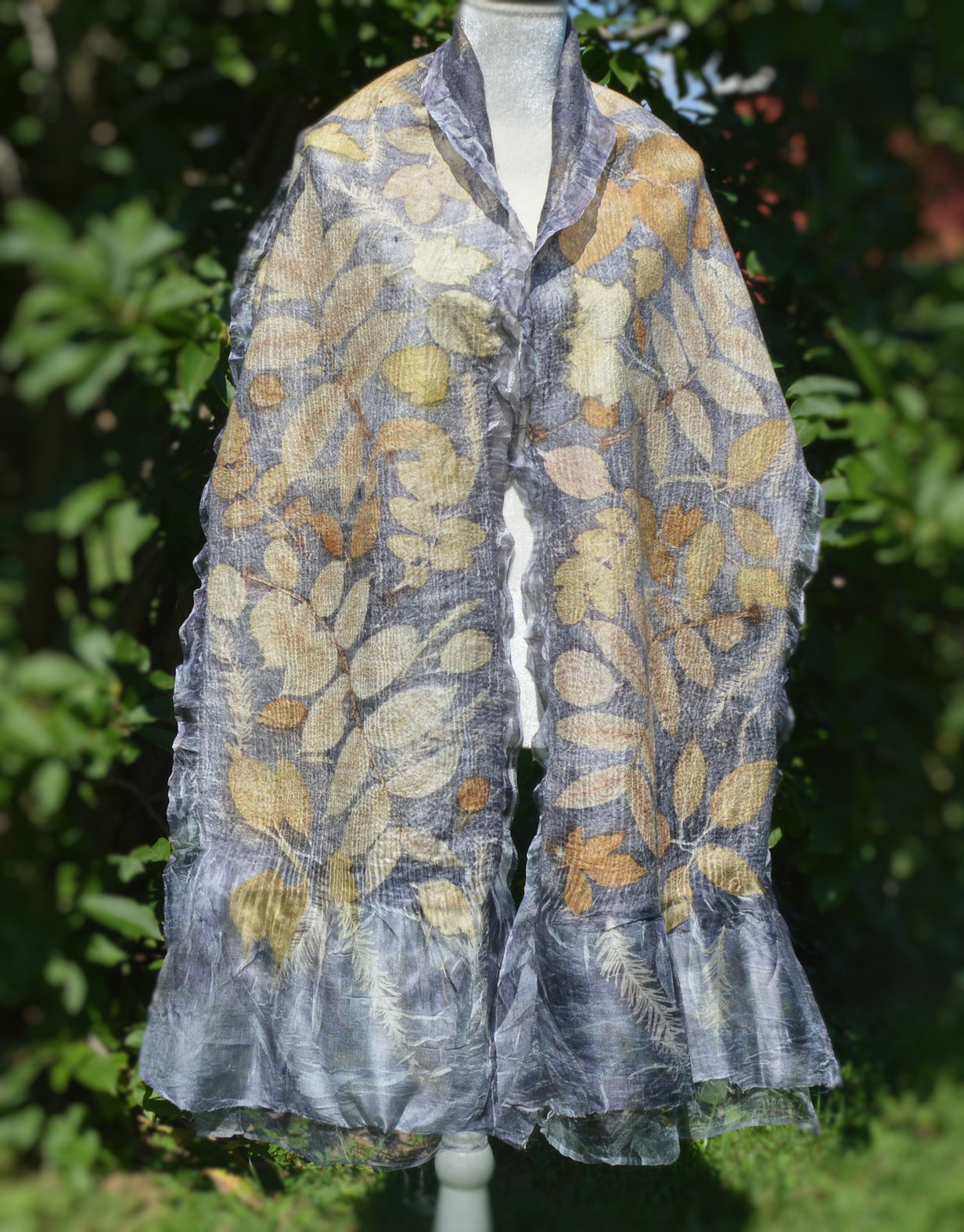 Gray Nuno Felted Scarf Wrap printed with leaves