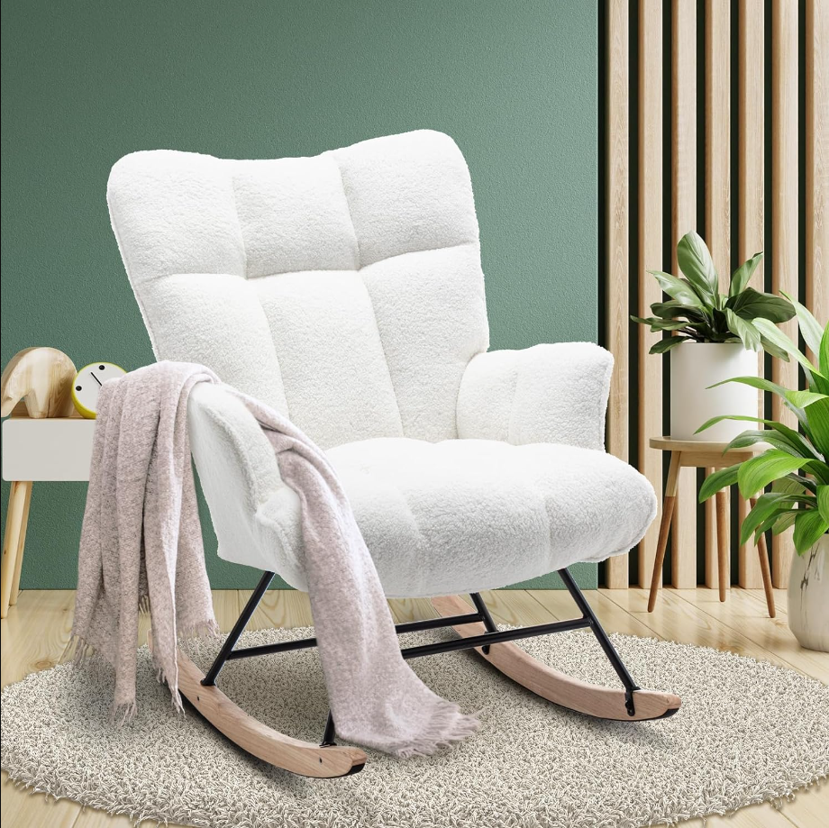 Nursery Rocking Chair Teddy, Upholstered Glider Rocker with High Backrest, Comfortable Stylish Accent Armchair with Padded Seat for Living Rooms, Bedrooms, Offices, Pearl