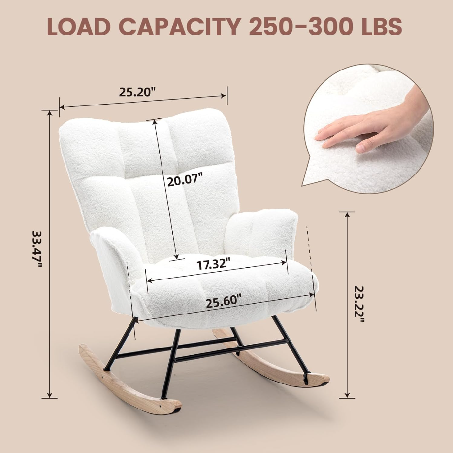 Nursery Rocking Chair Teddy, Upholstered Glider Rocker with High Backrest, Comfortable Stylish Accent Armchair with Padded Seat for Living Rooms, Bedrooms, Offices, Pearl