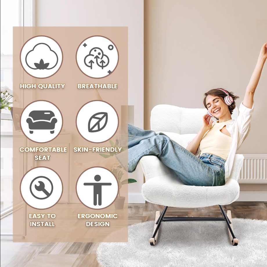 Nursery Rocking Chair Teddy, Upholstered Glider Rocker with High Backrest, Comfortable Stylish Accent Armchair with Padded Seat for Living Rooms, Bedrooms, Offices, Pearl