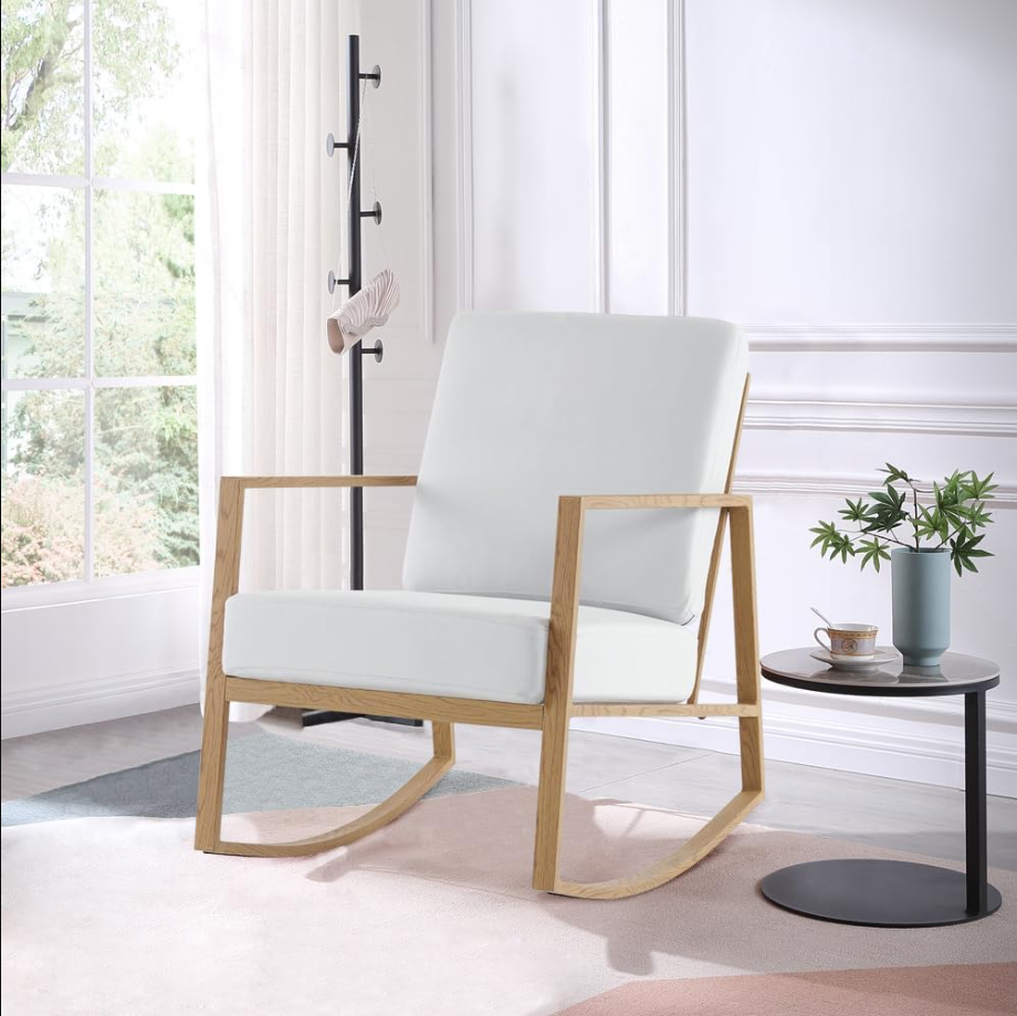 Rocking Chair - Nursery Glider Rocker Indoor Comfy Accent Chair Non-Slip Armchair Cozy with Upholstered Seat Cushion and Metal Frame for Mom and Baby Seniors Living Room Bedroom (Beige)
