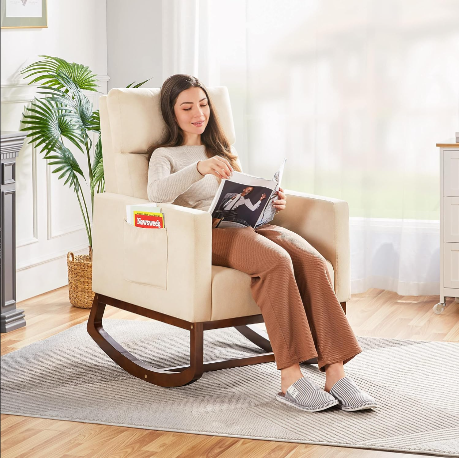 Rocking Chair Nursery Glider Chair with Rubber Wood Legs Side Pocket, Rocking Accent Armchair High Back for Bedroom, Beige