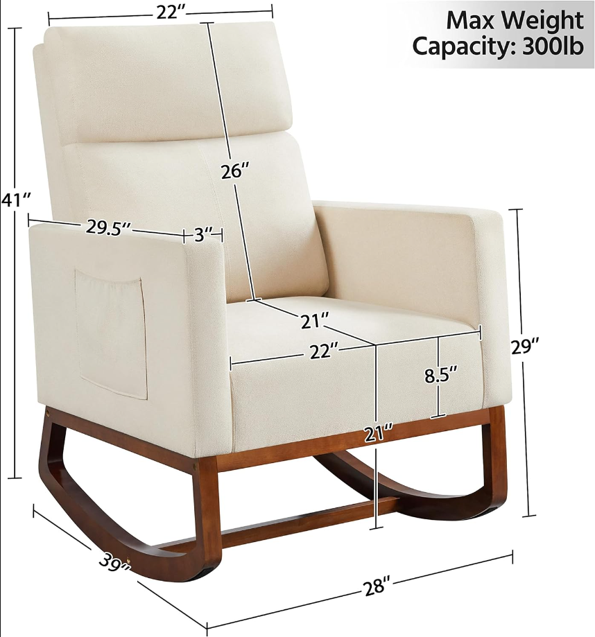 Rocking Chair Nursery Glider Chair with Rubber Wood Legs Side Pocket, Rocking Accent Armchair High Back for Bedroom, Beige