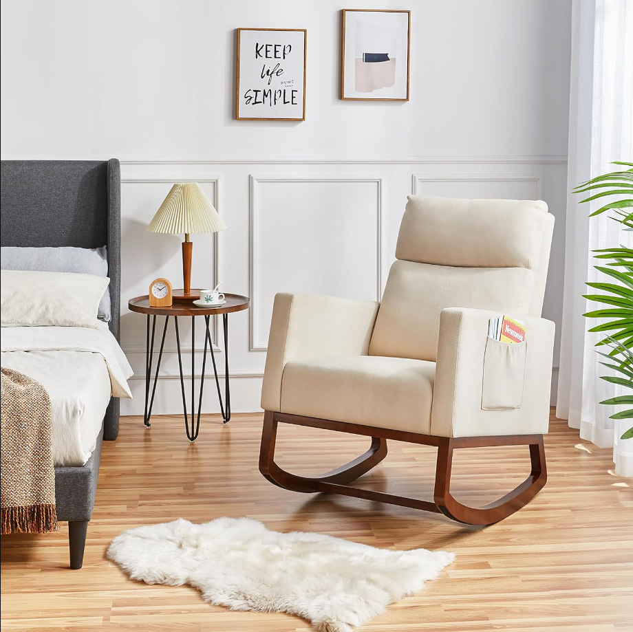 Rocking Chair Nursery Glider Chair with Rubber Wood Legs Side Pocket, Rocking Accent Armchair High Back for Bedroom, Beige