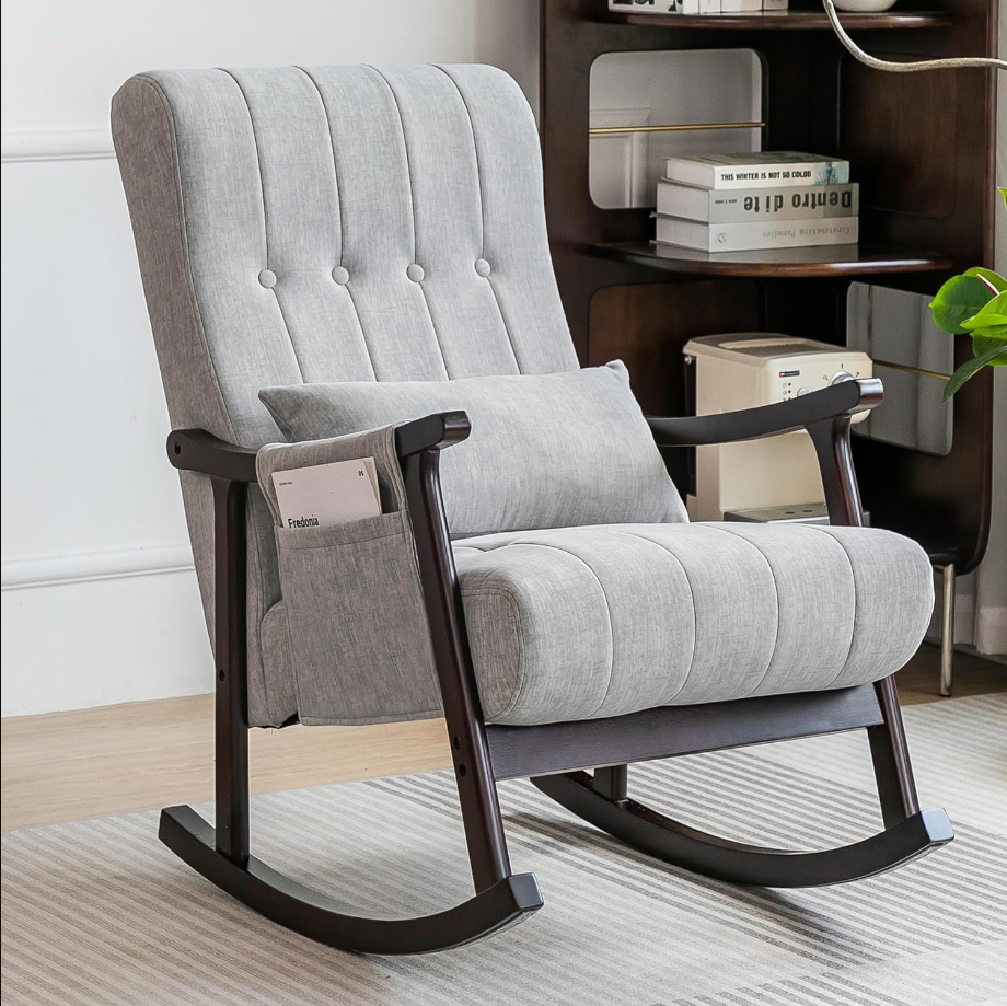 Upholstered Rocking Chair, Nursery Rocking Chair Indoor for Living Room, Modern Glider Rocker w/Pillow＆Side Pocket, High Back Padded Seat Side Armchair for Old Man(Grey)