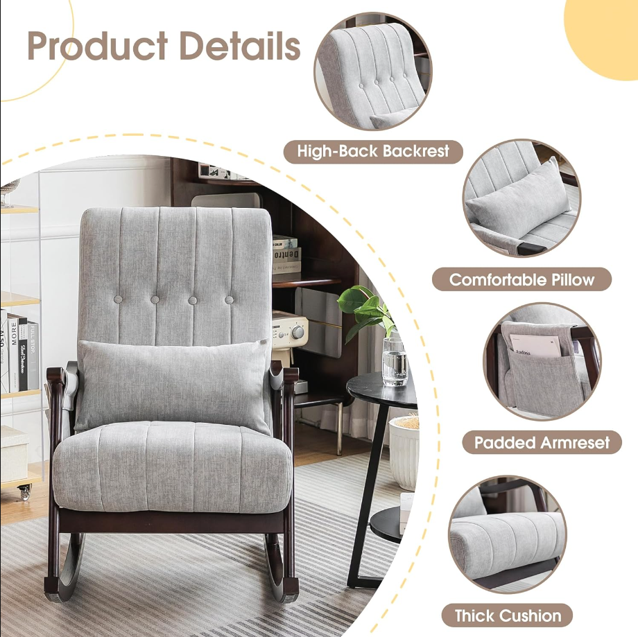 Upholstered Rocking Chair, Nursery Rocking Chair Indoor for Living Room, Modern Glider Rocker w/Pillow＆Side Pocket, High Back Padded Seat Side Armchair for Old Man(Grey)