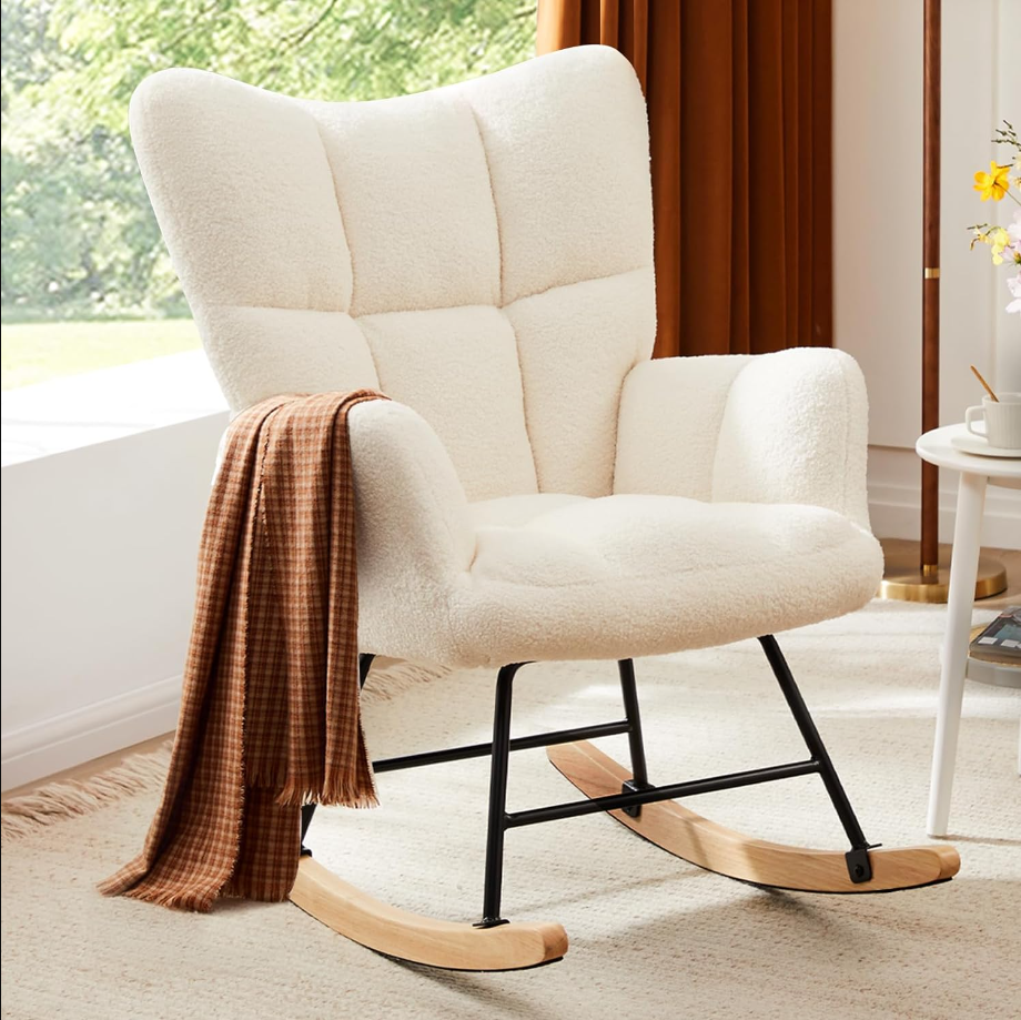 Rocking Chair Nursery, Teddy Upholstered Glider Rocker with High Backrest, Reading Chair Modern Rocking Accent Chairs Glider Recliner for Living Room, Nursery, Bedroom
