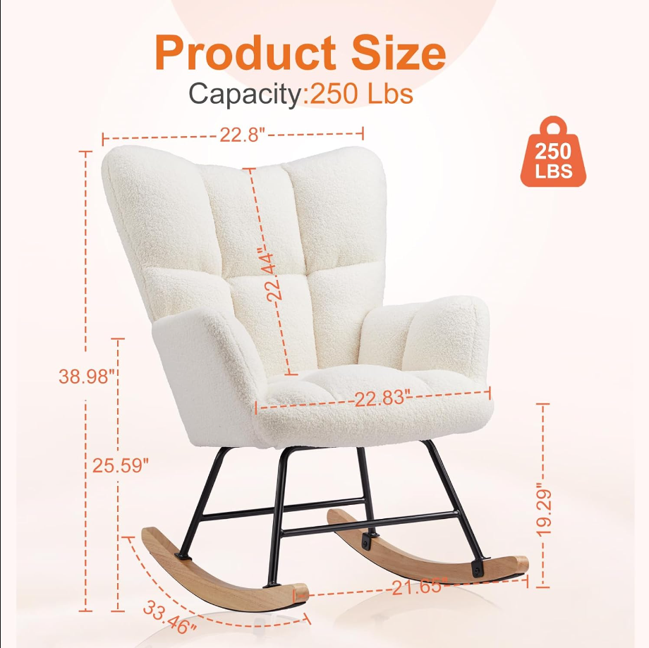 Rocking Chair Nursery, Teddy Upholstered Glider Rocker with High Backrest, Reading Chair Modern Rocking Accent Chairs Glider Recliner for Living Room, Nursery, Bedroom
