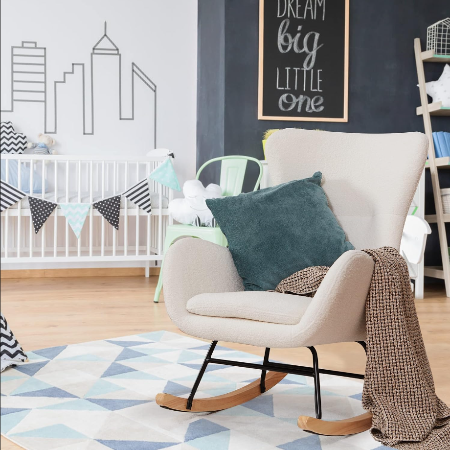 Comfy Rocking Chair for Nursery - Glider Chair with High Backrest, Armrests & Upholstered Pad, Bedroom Nursery Rocker Chair for Baby & Kids, Ivory White