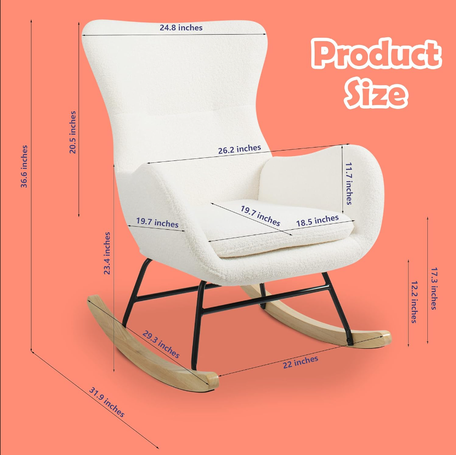 Comfy Rocking Chair for Nursery - Glider Chair with High Backrest, Armrests & Upholstered Pad, Bedroom Nursery Rocker Chair for Baby & Kids, Ivory White