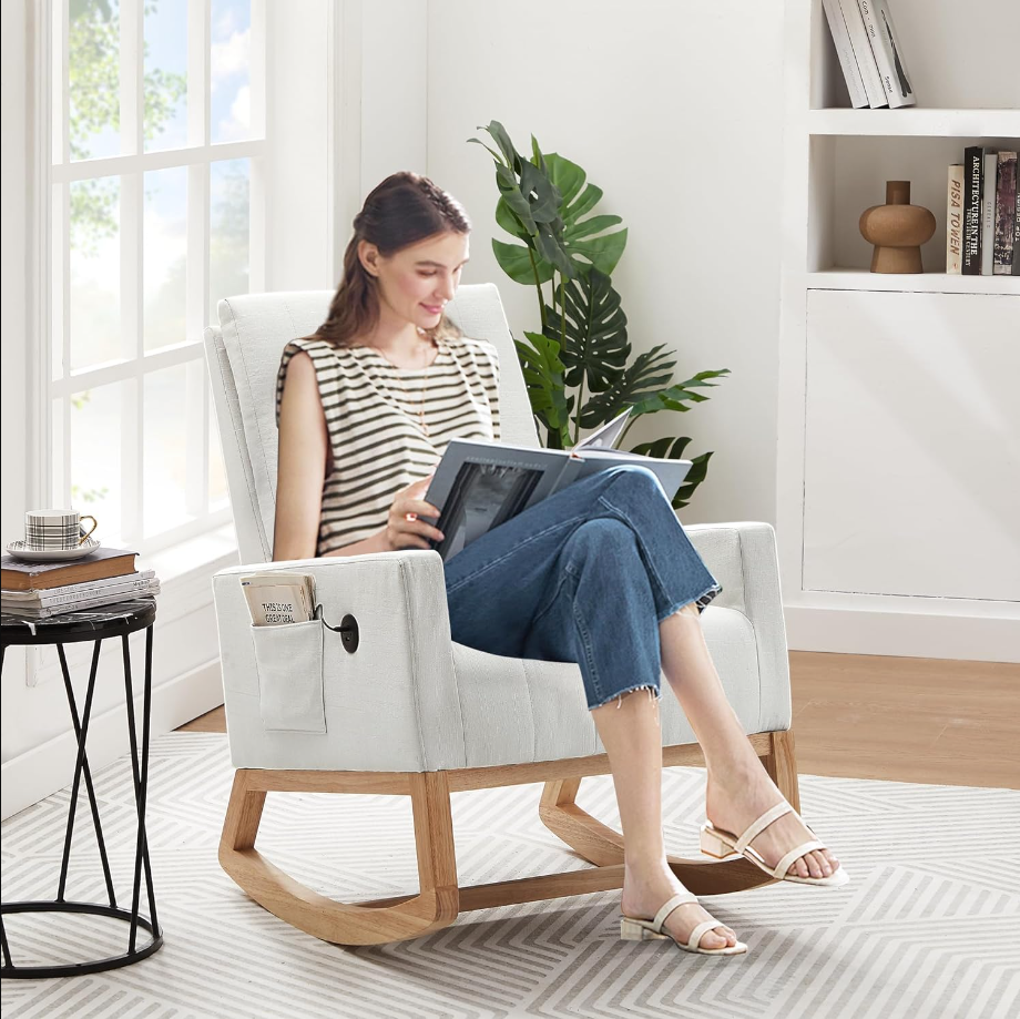 Rocking Chair, Upholstered Glider Rocker for Nursery Comfy Armchair with Safe Solid Wood Base/USB Port/Side Pocket for Living Room Bedroom Balcony Home Office, Off-White