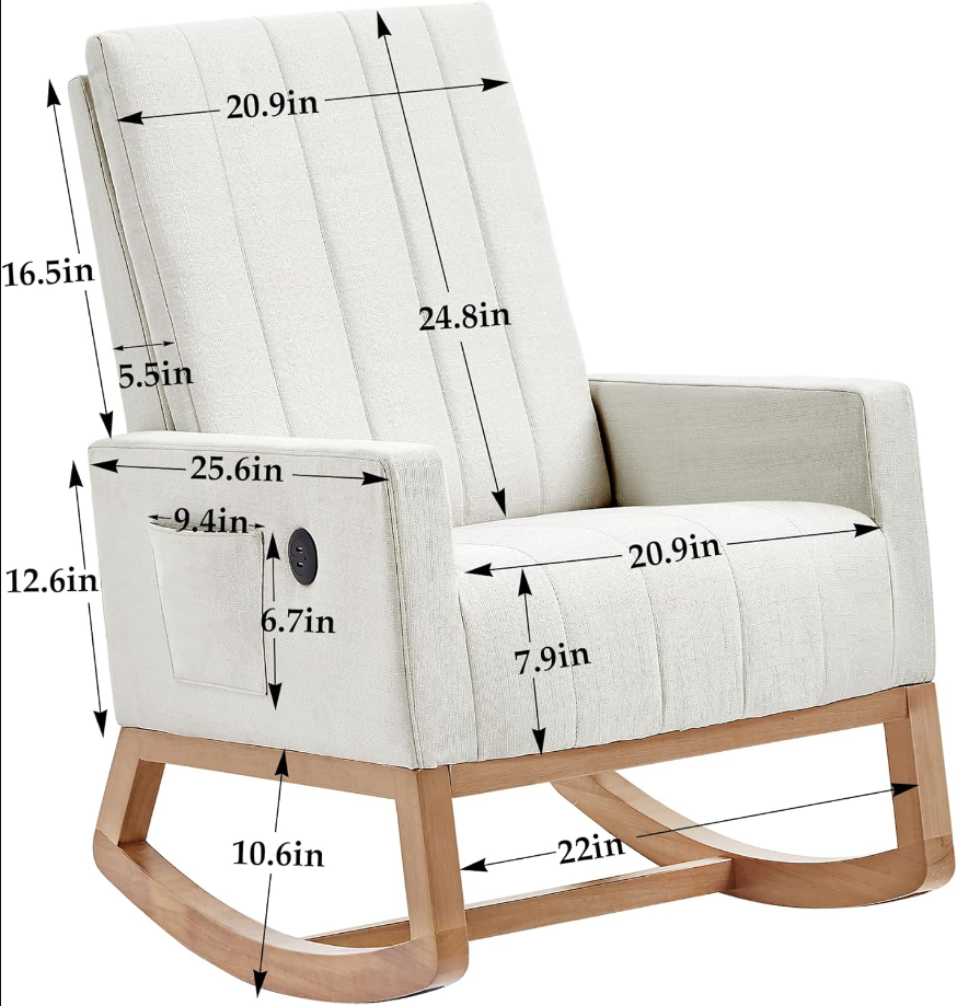 Rocking Chair, Upholstered Glider Rocker for Nursery Comfy Armchair with Safe Solid Wood Base/USB Port/Side Pocket for Living Room Bedroom Balcony Home Office, Off-White