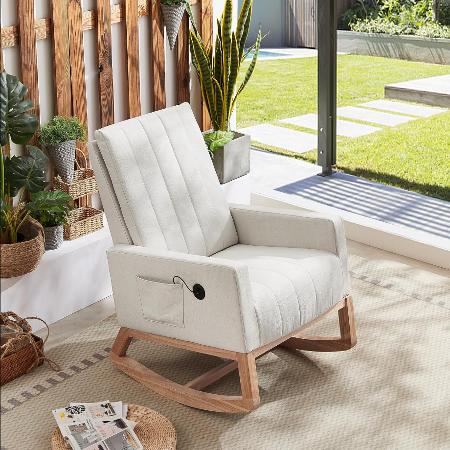 Rocking Chair, Upholstered Glider Rocker for Nursery Comfy Armchair with Safe Solid Wood Base/USB Port/Side Pocket for Living Room Bedroom Balcony Home Office, Off-White