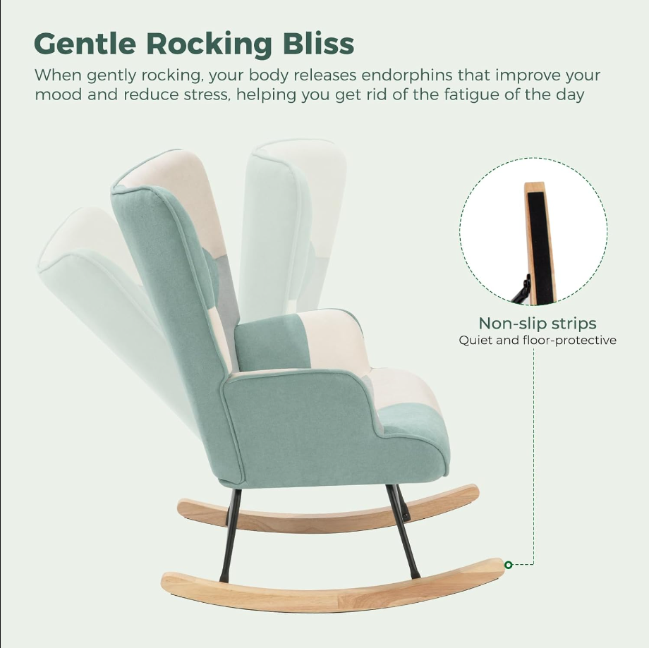 Rocking Chair Nursery, Upholstered Rocking Chair Indoor with High Backrest and Wooden Base, Modern Glider Chair for Nursery, Living Room, Bedroom, Office （Patchwork Linen Green）