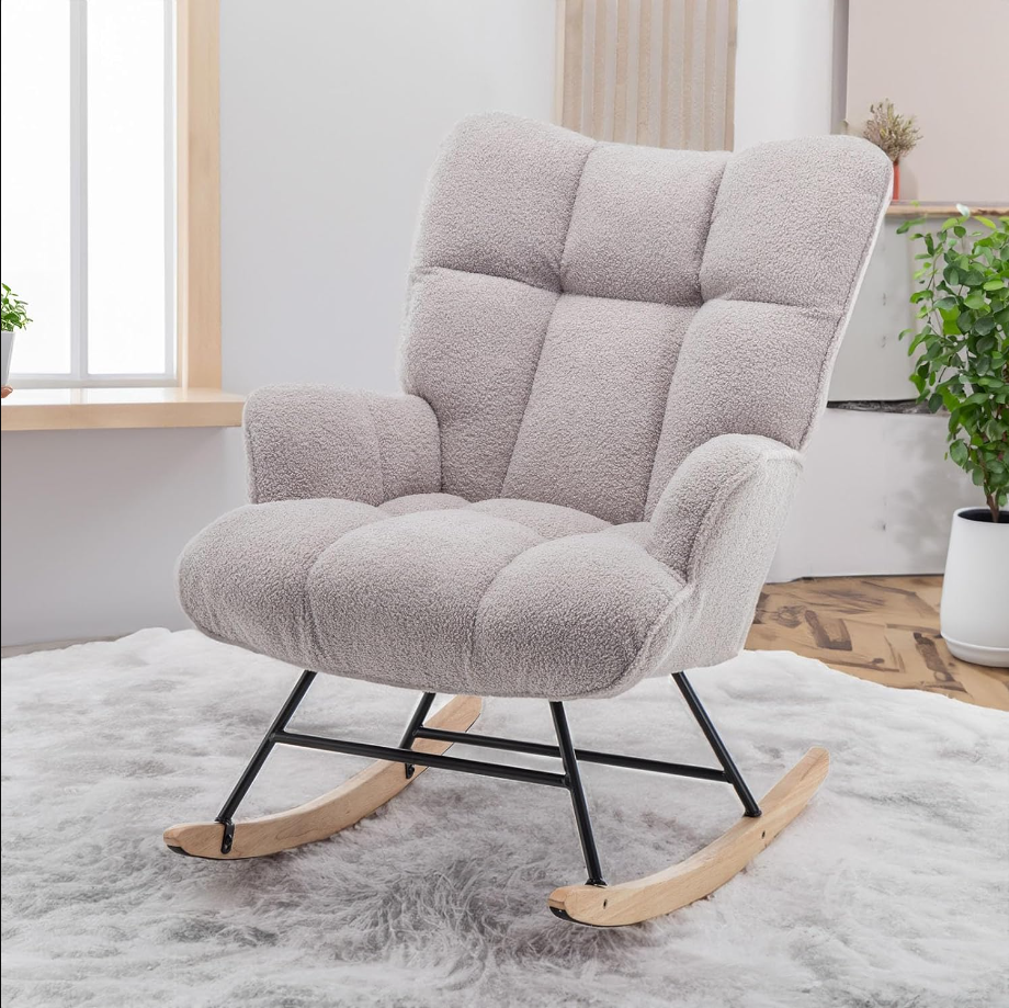Nursery Rocking Chair Teddy, Upholstered Glider Rocker with High Backrest, Comfortable Stylish Accent Armchair with Padded Seat for Living Rooms, Bedrooms, Offices, Gray