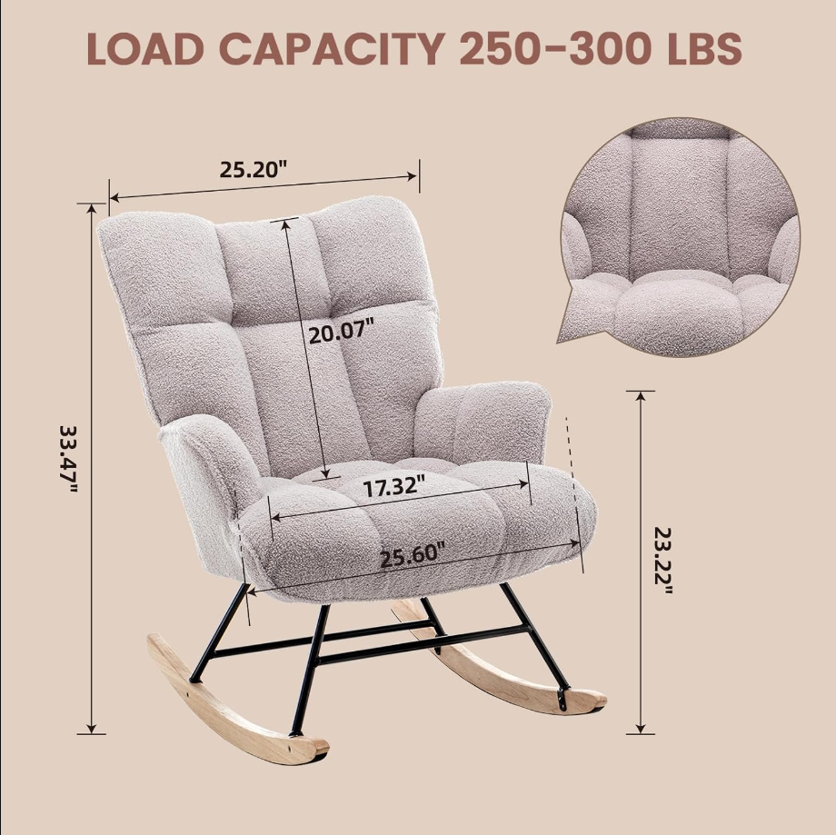 Nursery Rocking Chair Teddy, Upholstered Glider Rocker with High Backrest, Comfortable Stylish Accent Armchair with Padded Seat for Living Rooms, Bedrooms, Offices, Gray