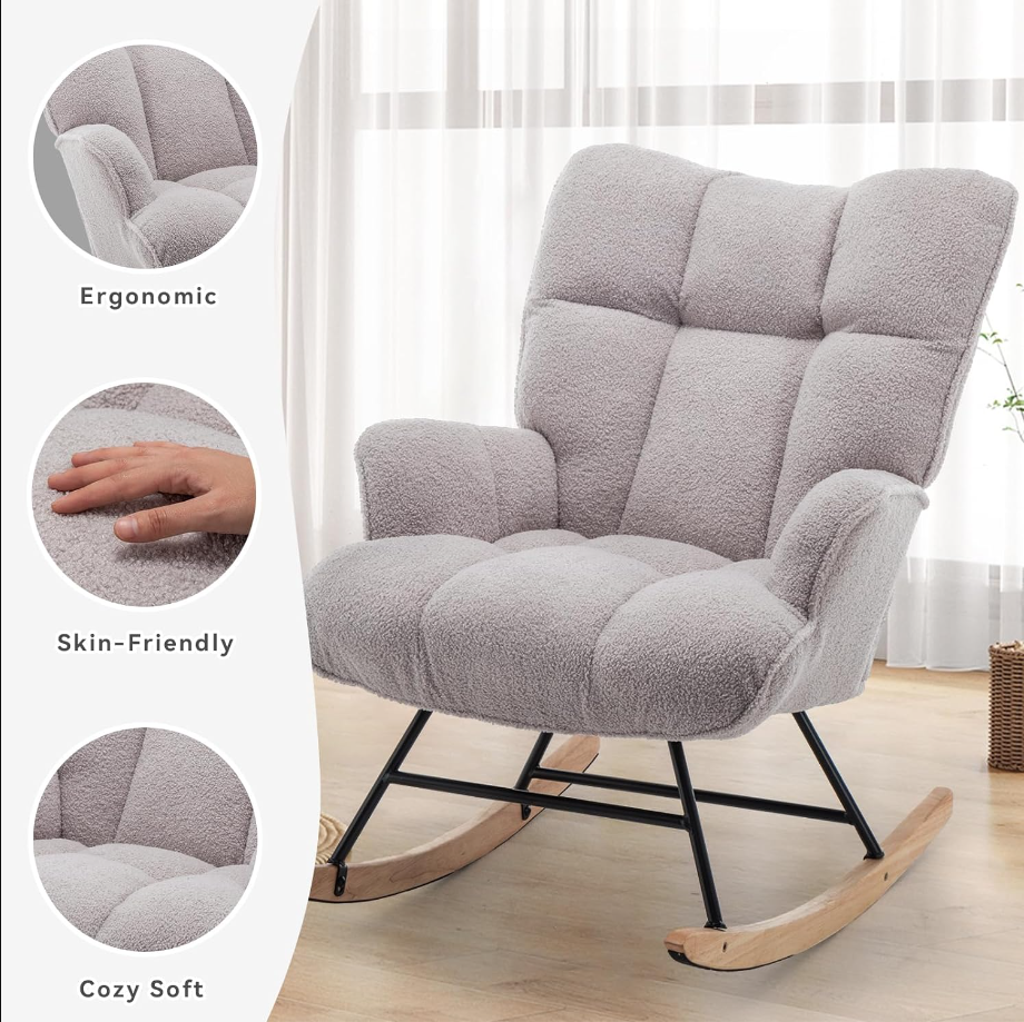 Nursery Rocking Chair Teddy, Upholstered Glider Rocker with High Backrest, Comfortable Stylish Accent Armchair with Padded Seat for Living Rooms, Bedrooms, Offices, Gray