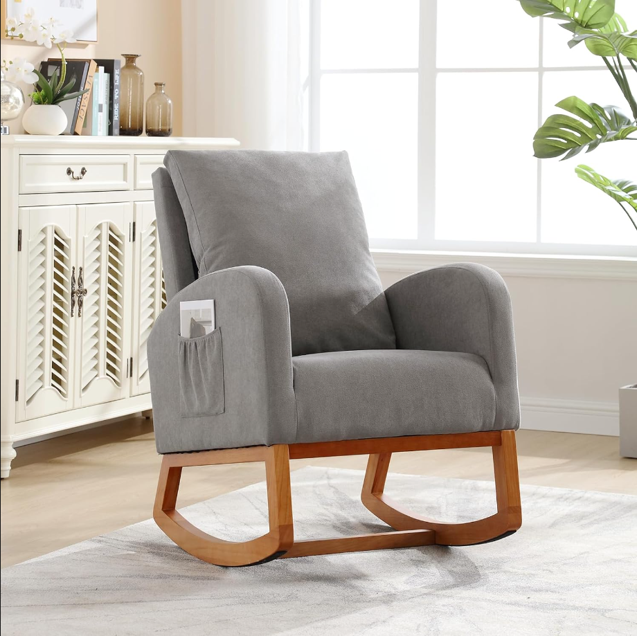 Rocking Chair Nursery,Upholstered High Back Glider Chair Armchair with Side Pockets for Living Room/Bedroom- (Gray